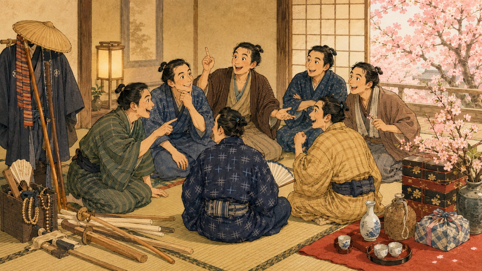 長屋の若い衆が花見の余興に仇討ち芝居を計画する『花見の仇討ち』前半の場面