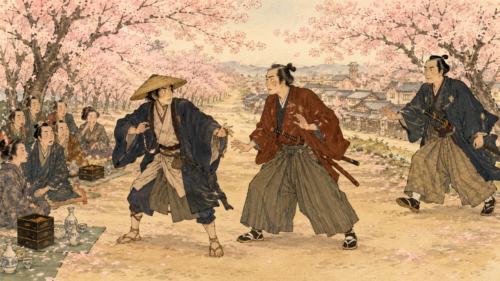 仇討ち芝居を本物と思った武士が助太刀しようとして若い衆が慌てる『花見の仇討ち』の見どころ場面
