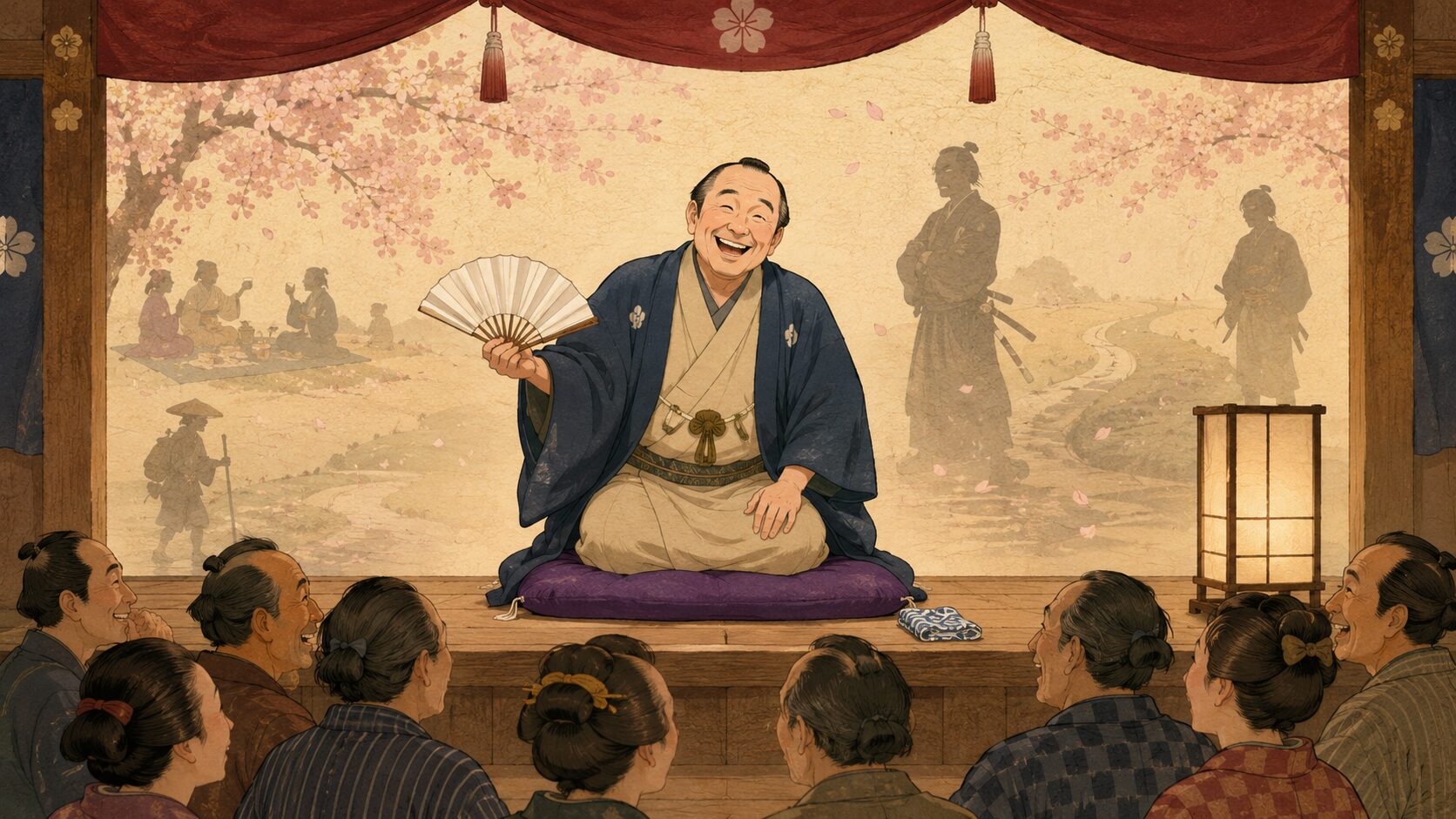 寄席の高座で花見噺『花見の仇討ち』を語る噺家と笑う客席の余韻を描いた和風イラスト