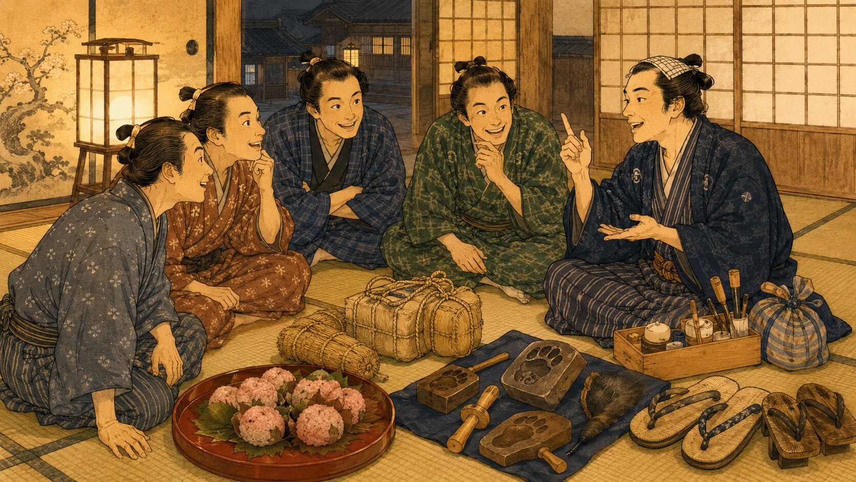 若い衆と歯磨き売りの平助が茶屋でのいたずらを相談する『歯抜茶屋』前半の場面
