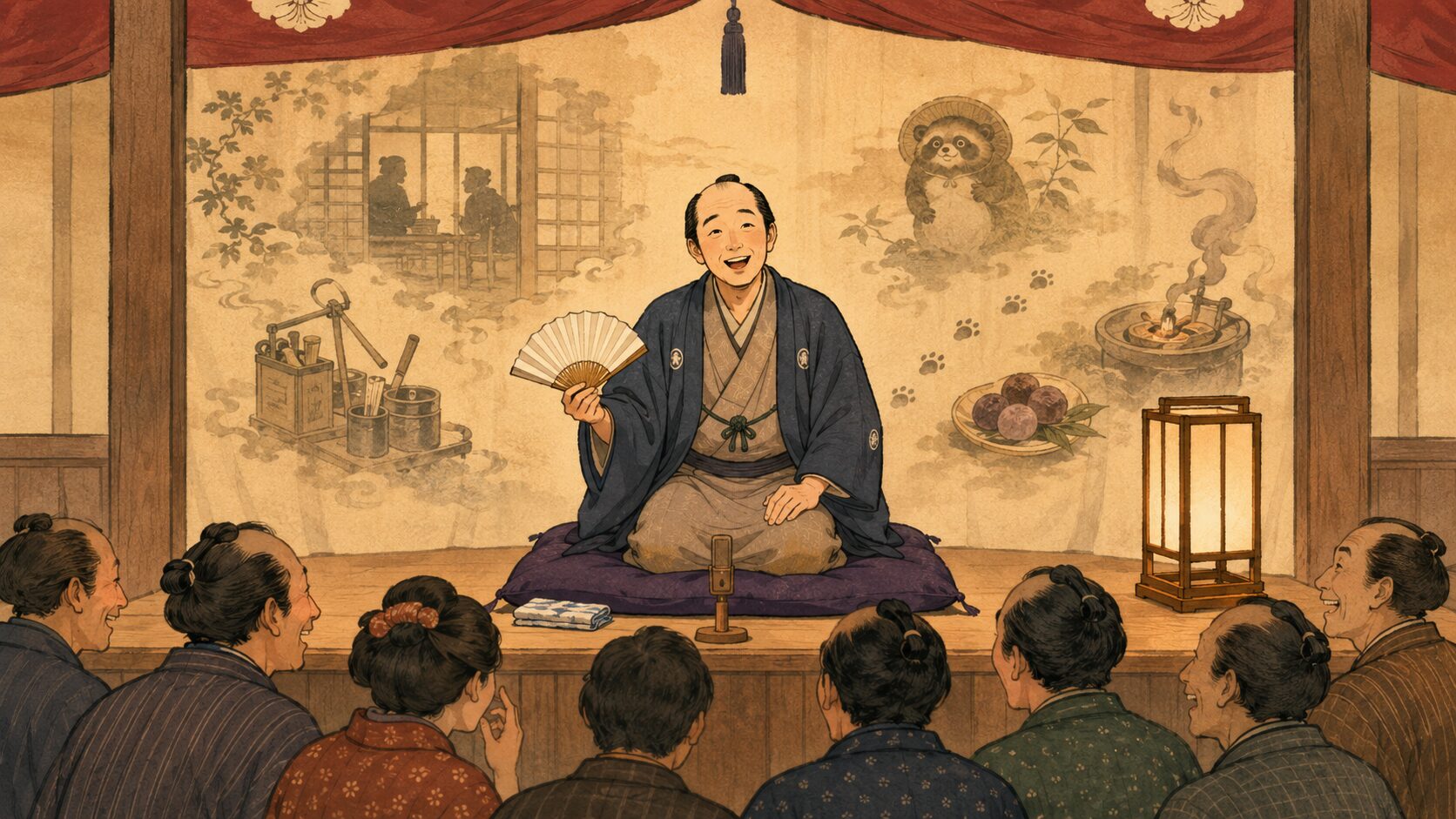 寄席の高座で茶屋噺『歯抜茶屋』を語る噺家と笑う客席の余韻を描いた和風イラスト