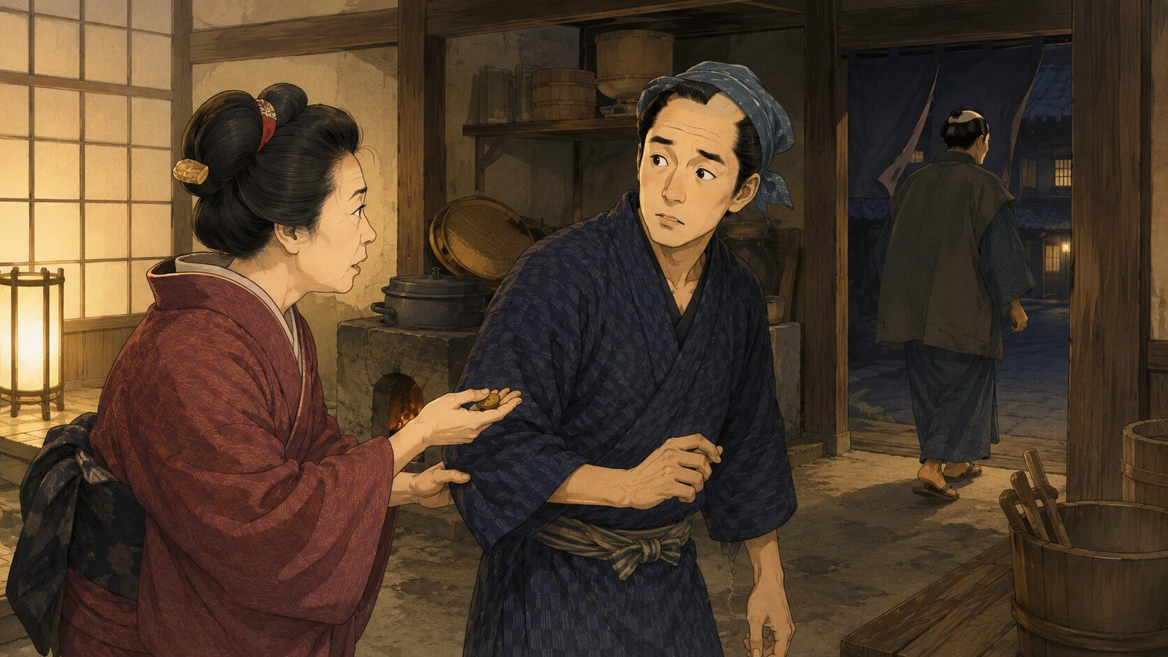 おかみさんが権助に旦那の尾行を頼む『一つ穴』前半の場面