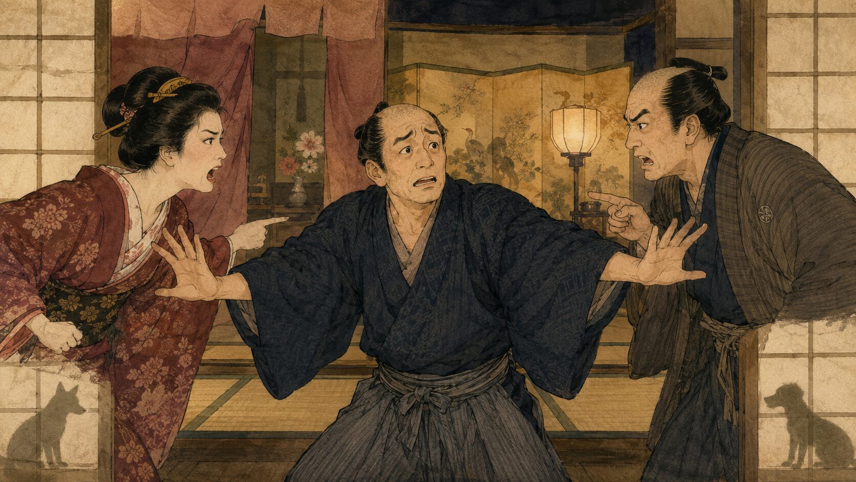 妾宅で夫婦げんかを仲裁する権助が旦那とおかみさんに責められる『一つ穴』の見どころ場面