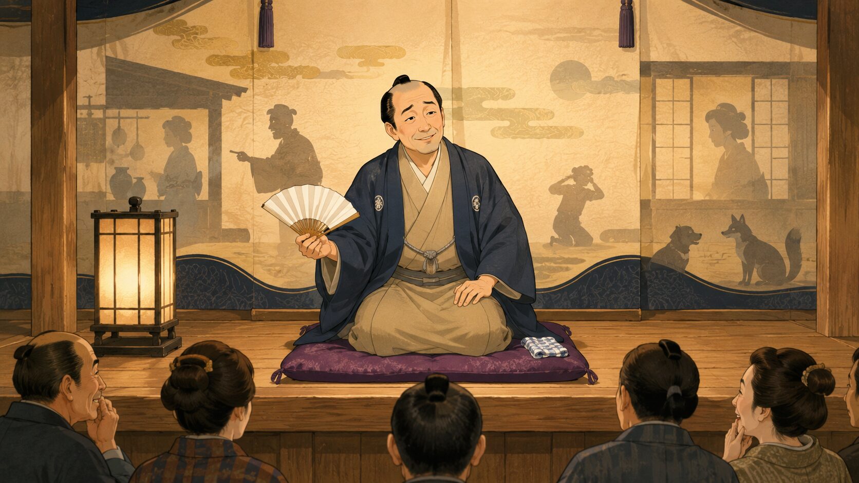 寄席の高座で悋気噺『一つ穴』を語る噺家と笑う客席の余韻を描いた和風イラスト