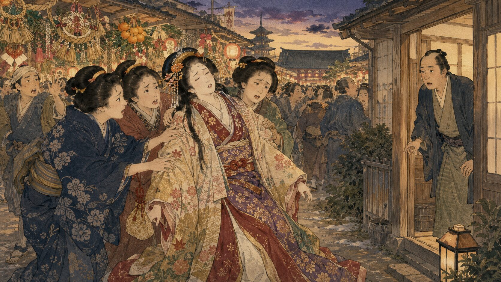 浅草の歳の市で偽の姫が急病を装い医者のもとへ運ばれる『姫かたり』前半の場面