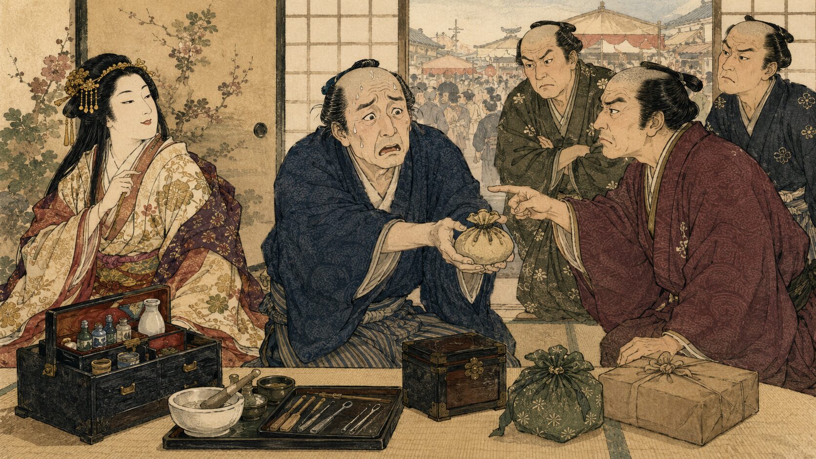 医者が偽の姫一行に責められて口止め料を払う『姫かたり』の見どころ場面
