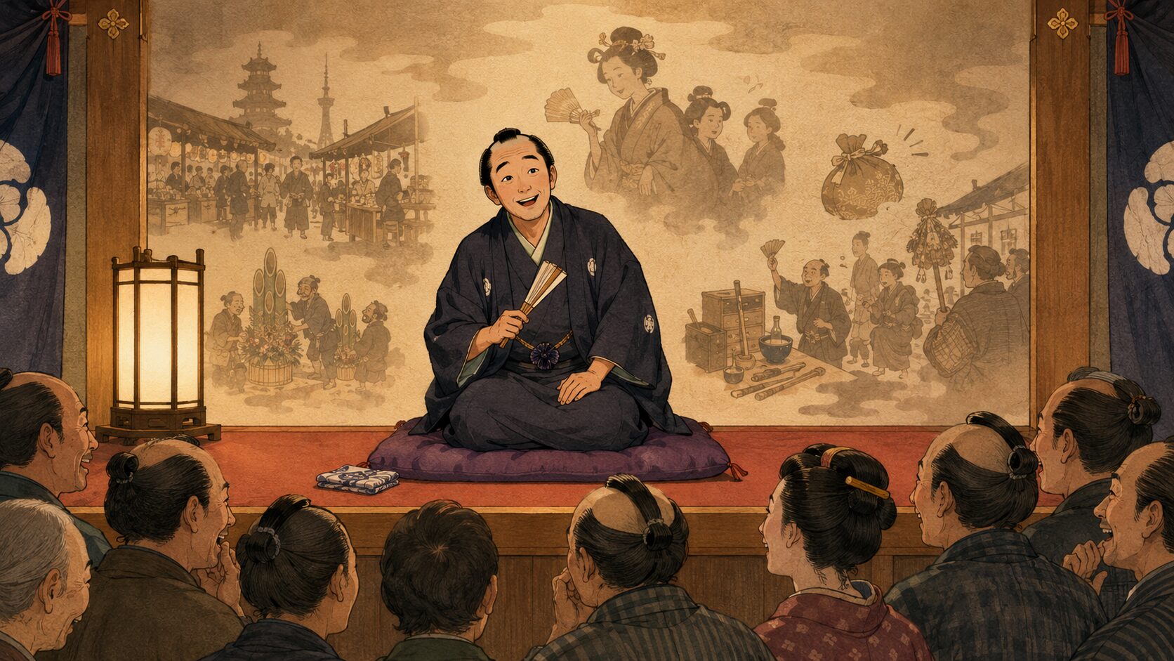 寄席の高座で詐欺噺『姫かたり』を語る噺家と笑う客席の余韻を描いた和風イラスト