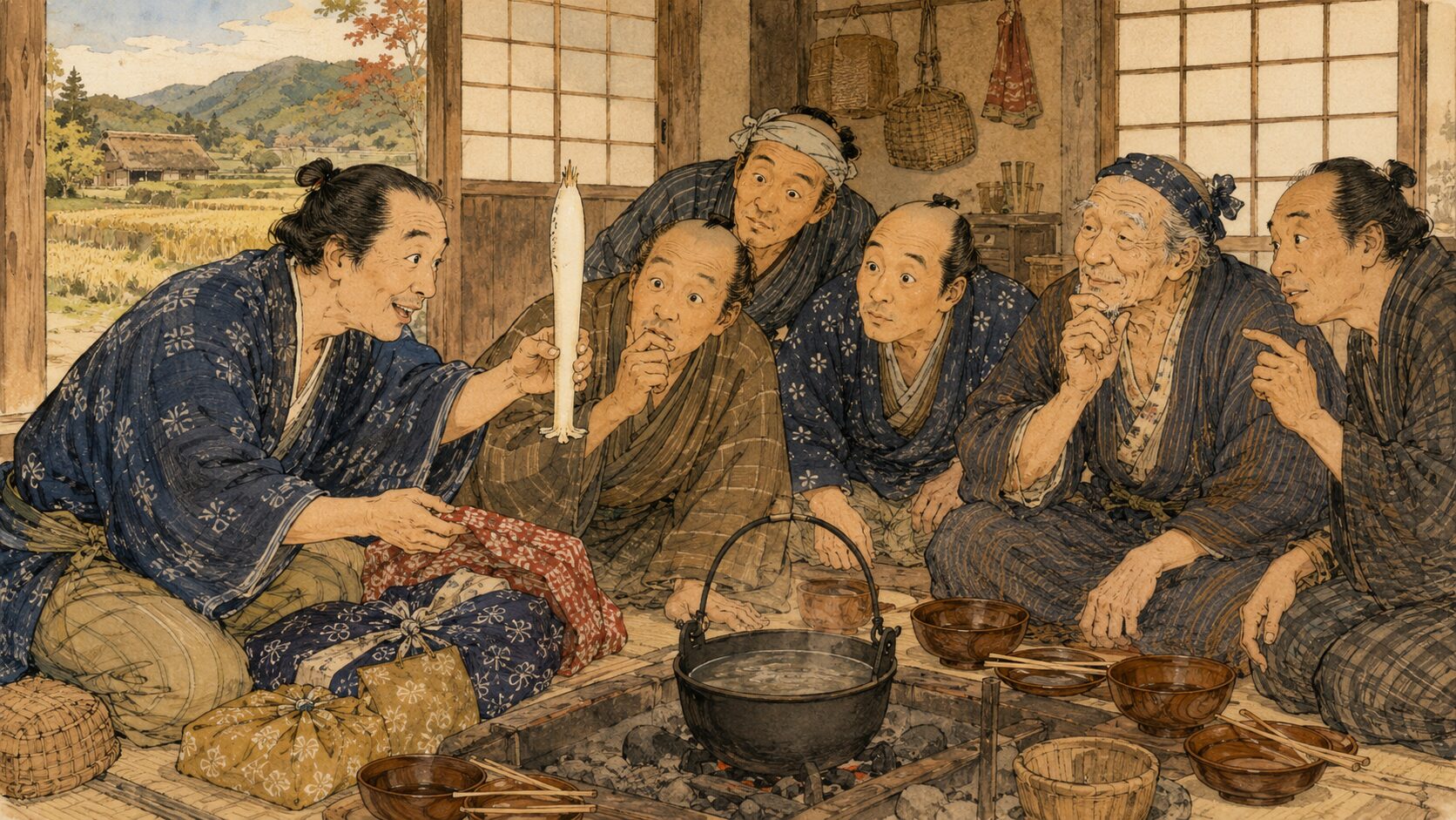 福徳屋の喜寿祝いで禄太郎の不在を家族が気にかける『福禄寿』前半の場面