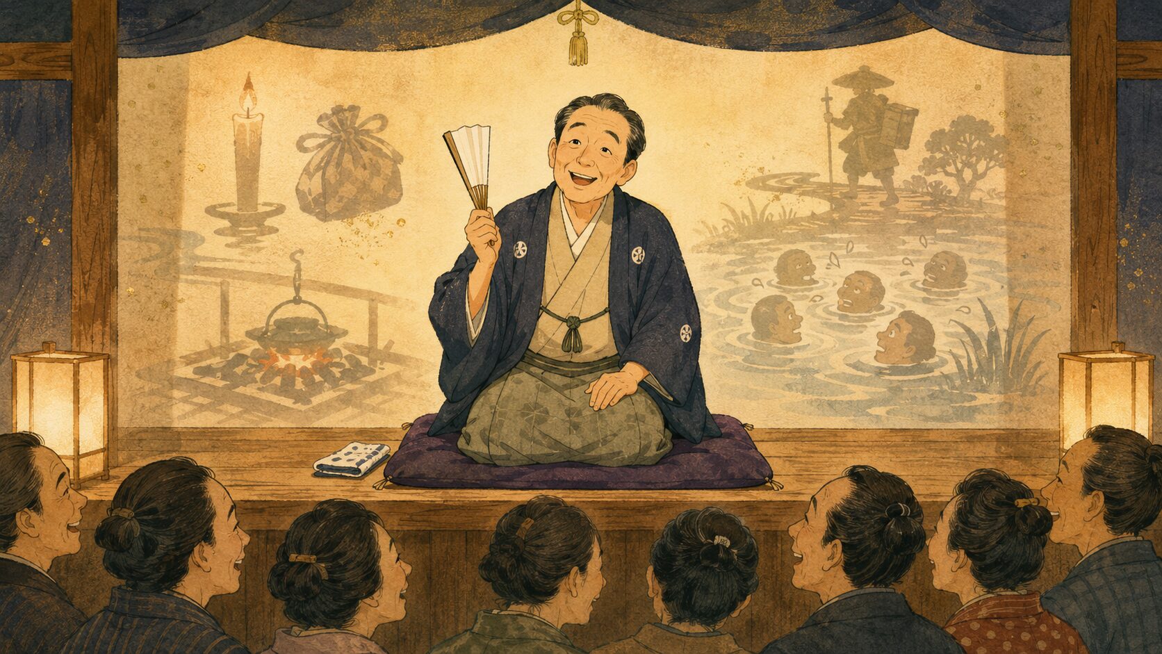 寄席の高座で人情噺『福禄寿』を語る噺家と静かに聴く客席の余韻を描いた和風イラスト
