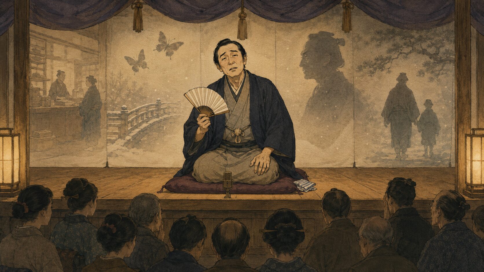 寄席の高座で長篇人情噺『双蝶々』を語る噺家と静かに聴く客席の余韻を描いた和風イラスト