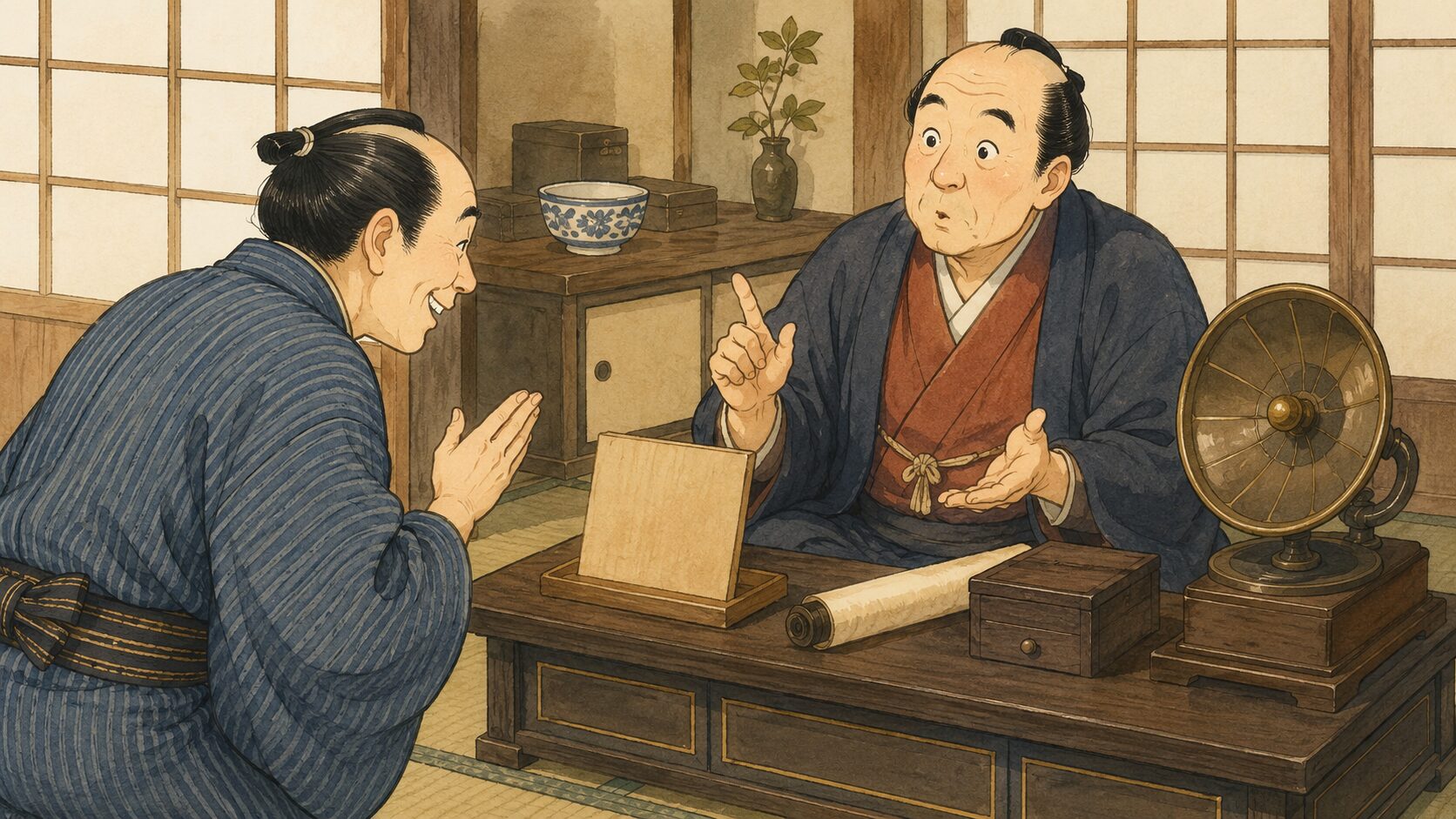 世辞を売る店に調子のよい客が入ってくる落語『べんちゃら屋』の前半場面
