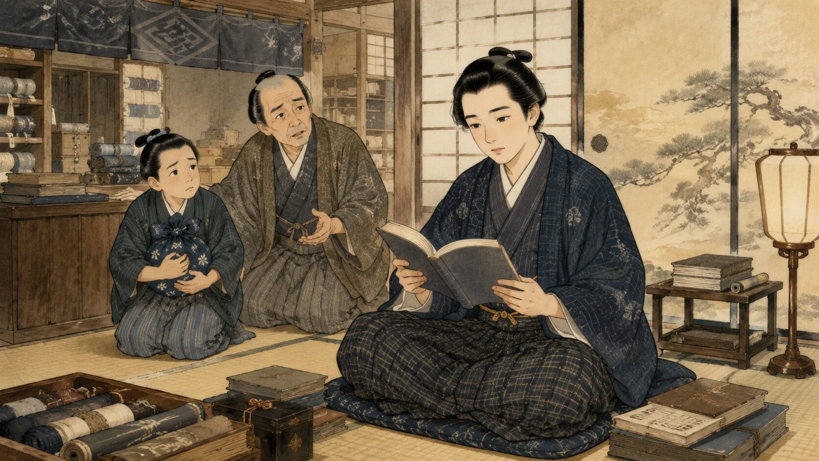 船場の大店で本を読む若旦那を描いた落語『箒屋娘』の前半場面