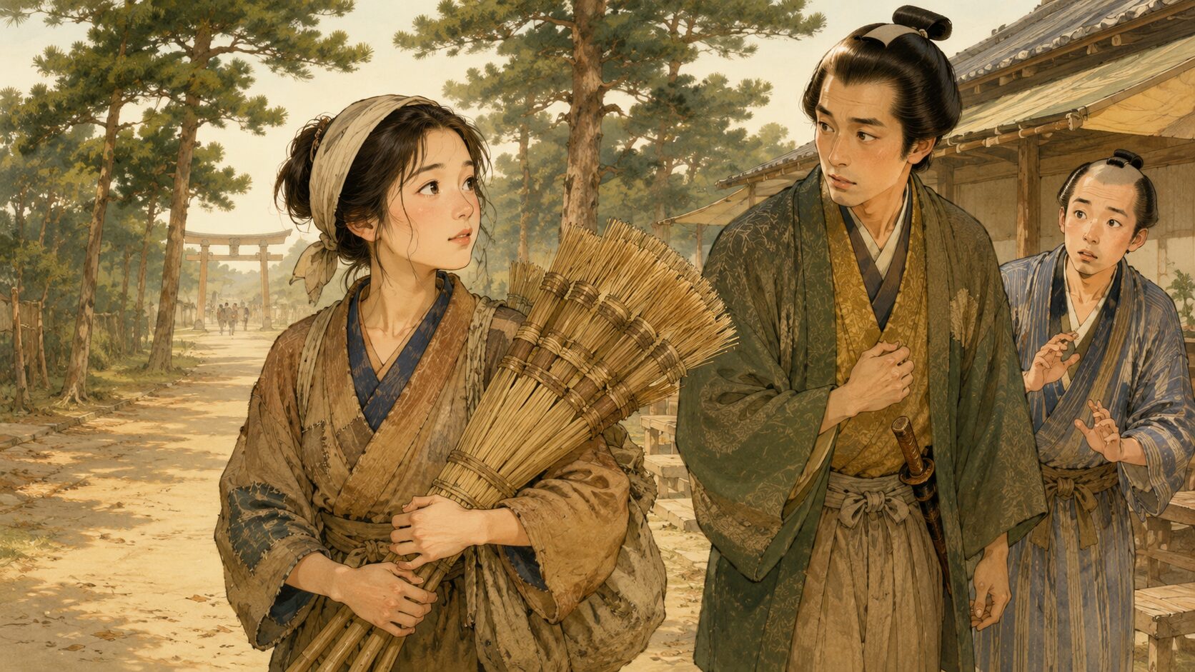 住吉詣りの道中で若旦那が箒売りの娘に出会う落語『箒屋娘』の場面