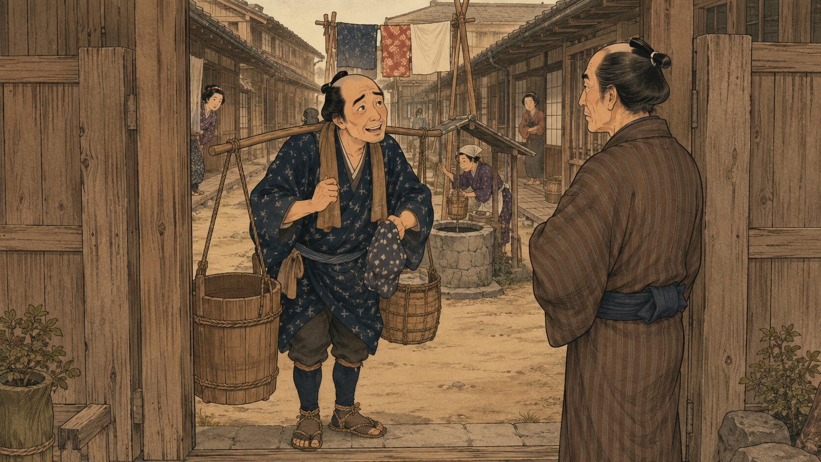法華宗に厳しい長屋へ五郎八が入り込もうとする落語『法華長屋』の前半場面 2. 記事中画像1 想定挿入位置 「起承転結の流れ」の直後 画像生成プロンプト width 1672px、height 941px、横長16:9構図。 この画像は記事中画像1として使う単独の1枚画像。記事中画像2や記事中画像3の内容を同じ画面に入れず、この前半場面だけで完結する1枚として描く。コラージュ、三分割、組み写真風、複数カットを並べる構図にしない。 落語『法華長屋』のあらすじ前半を表す、宗旨に厳しい長屋へ、汲み取り屋の五郎八が法華信者のふりをして入り込もうとする場面を描いた和風イラスト。画面中央には、長屋の木戸の前か路地の入口で、大家と向き合う五郎八を大きめに描く。五郎八は汲み取り屋らしい桶や担ぎ道具を持ちながらも、愛想よく調子を合わせ、どこか無理をしている表情にする。大家は法華宗に熱心で、少し厳格そうだが威圧的すぎない人物として描く。背景には、江戸の長屋の路地、共同井戸、物干し、木戸、庶民的な住まいの並びを入れ、法華宗ばかりの長屋という閉じた共同体の空気が伝わるようにする。 記事中画像なので画像内に文字は入れない。看板、暖簾、札、書物、短冊、巻物、帳面、提灯などがある場合も、読める文字は一切入れず、無地または模様だけにする。色味は生成り、薄茶、墨、紺、淡いえんじを基調にし、長屋の生活感と軽い緊張感を出す。過度にリアルな写真風ではなく、上品で親しみやすい和風イラスト調にする。実在の落語家、有名人、俳優に似せない。ロゴ、企業名、実在サービス名は入れない。 altタグ 法華宗に厳しい長屋へ五郎八が入り込もうとする落語『法華長屋』の前半場面 3. 記事中画像2 想定挿入位置 「サゲ(オチ)の意味」の後 画像生成プロンプト width 1672px、height 941px、横長16:9構図。 この画像は記事中画像2として使う単独の1枚画像。記事中画像1や記事中画像3の内容を同じ画面に入れず、このサゲと見どころの場面だけで完結する1枚として描く。コラージュ、三分割、組み写真風、複数カットを並べる構図にしない。 落語『法華長屋』の見どころである、五郎八がうっかり失言しながらも、とっさの機転で切り抜けようとする場面を描いた和風イラスト。画面中央には、長屋の路地か共同便所の近くで、大家に怪しまれて少し焦りながらも笑顔でごまかそうとする五郎八を大きめに描く。五郎八は桶や汲み取り道具をそばに置き、仕事の現場にいることが分かるようにする。大家は五郎八をじっと見つめていて、周囲の住人たちも少し不思議そうに様子をうかがっている。人物の表情と間合いで、「まずいことを言ったが、何とか切り返そうとしている」可笑しさを表現する。 サゲの核心を文字で説明しすぎず、宗旨の失言と生活の理屈がぶつかる滑稽さを、表情と構図で伝える。桶や柄杓、手ぬぐいなどの仕事道具は描くが、不潔さを強調しすぎず、あくまで落語らしい軽い笑いとして表現する。記事中画像なので画像内に文字は入れない。看板、札、帳面、巻物、提灯、暖簾などに読める文字を入れない。色味は生成り、薄茶、墨、紺、深緑を基調にし、明るさを保ちながら長屋の空気を出す。過度にリアルな写真風にせず、やさしい和風イラスト調で描く。実在の落語家、有名人、俳優に似せない。ロゴや企業名は入れない。 altタグ 失言をごまかそうとする五郎八を描いた落語『法華長屋』の見どころ 4. 記事中画像3 想定挿入位置 「まとめ」の後 画像生成プロンプト width 1672px、height 941px、横長16:9構図。 この画像は記事中画像3として使う単独の1枚画像。記事中画像1や記事中画像2の内容を同じ画面に入れず、このまとめと余韻の場面だけで完結する1枚として描く。コラージュ、三分割、組み写真風、複数カットを並べる構図にしない。 落語『法華長屋』を聴き終えた余韻を表す、寄席の高座を中心にした落ち着いた和風イラスト。画面中央には、座布団に座って正面または斜め正面を向き、客席へ語りかける落語家風の語り手を描く。語り手は実在の落語家には似せず、江戸・明治・昭和の寄席にいそうな一般的な人物として描く。後ろ向きではなく、顔の表情と手の動きが自然に見える向きにする。扇子を片手に、大家の厳しさ、五郎八の調子のよさ、長屋の可笑しな空気を軽妙に語り分けているような表情にする。 客席には少人数の聞き手を控えめに配置し、くすっと笑いながら聞き入っている雰囲気を出す。背景には、木の高座、座布団、障子、行灯、和紙の質感を入れる。演目の象徴として、高座の脇や小道具として、文字のない桶や手ぬぐいを控えめに置いてもよい。アイキャッチ画像の長屋風景とは違い、寄席でこの噺を味わう余韻を中心にした構図にする。 記事中画像なので画像内に文字は入れない。高座の背景、めくり、札、暖簾、提灯、書物などに読める文字を入れない。色味は生成り、深緑、薄茶、墨、淡い金、控えめなえんじを基調にする。暗すぎず、宗教題材を重くしすぎず、言葉遊びと機転が印象に残る温かい後味を出す。過度にリアルな写真風にしない。ロゴ、企業名、実在サービス名、有名人に似た顔は入れない。 altタグ 寄席の高座で軽妙に語られる落語『法華長屋』の余韻