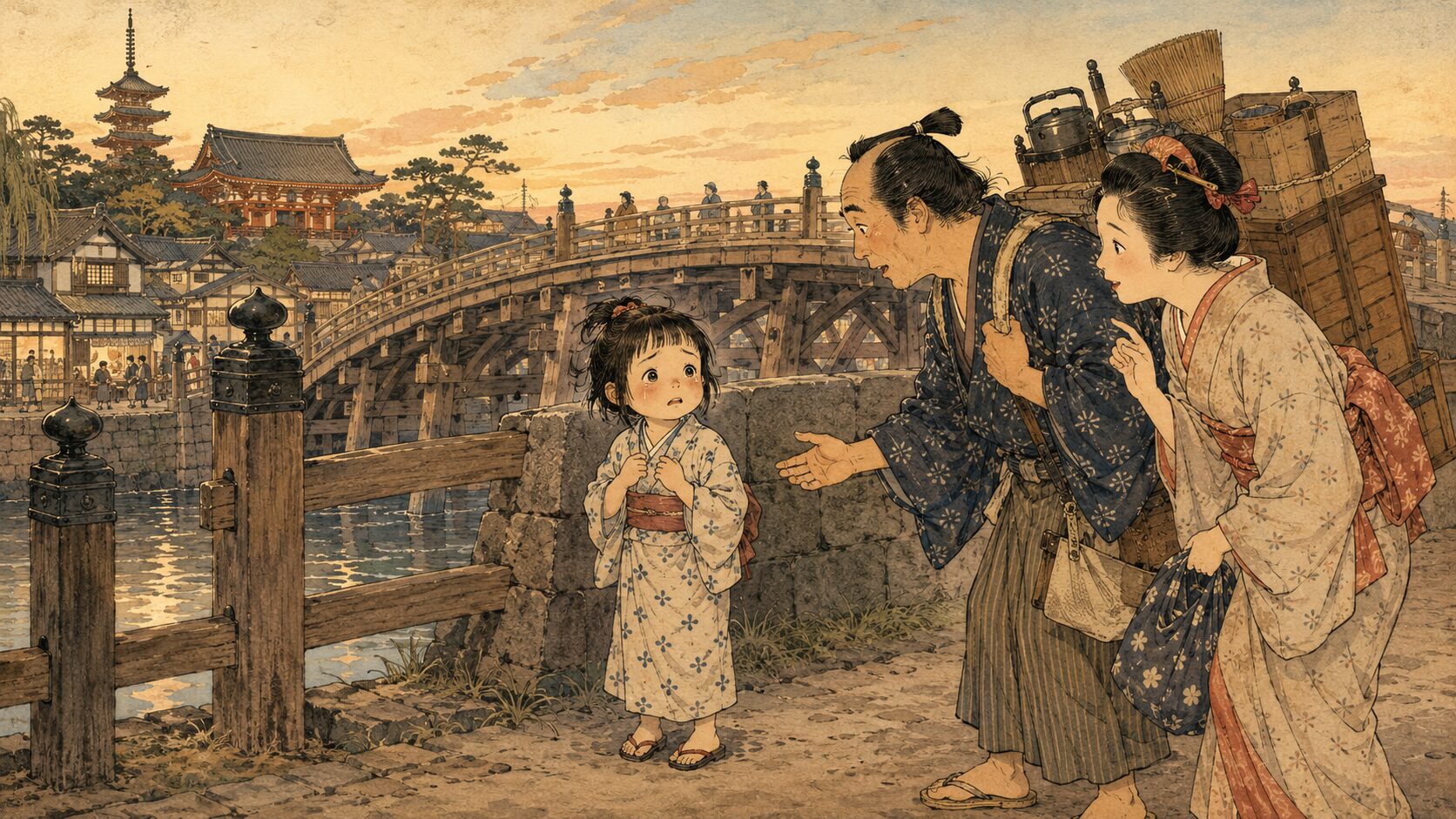 万年橋のたもとで吉兵衛夫婦が迷子の女の子に出会う落語『ぼんぼん唄』の前半場面