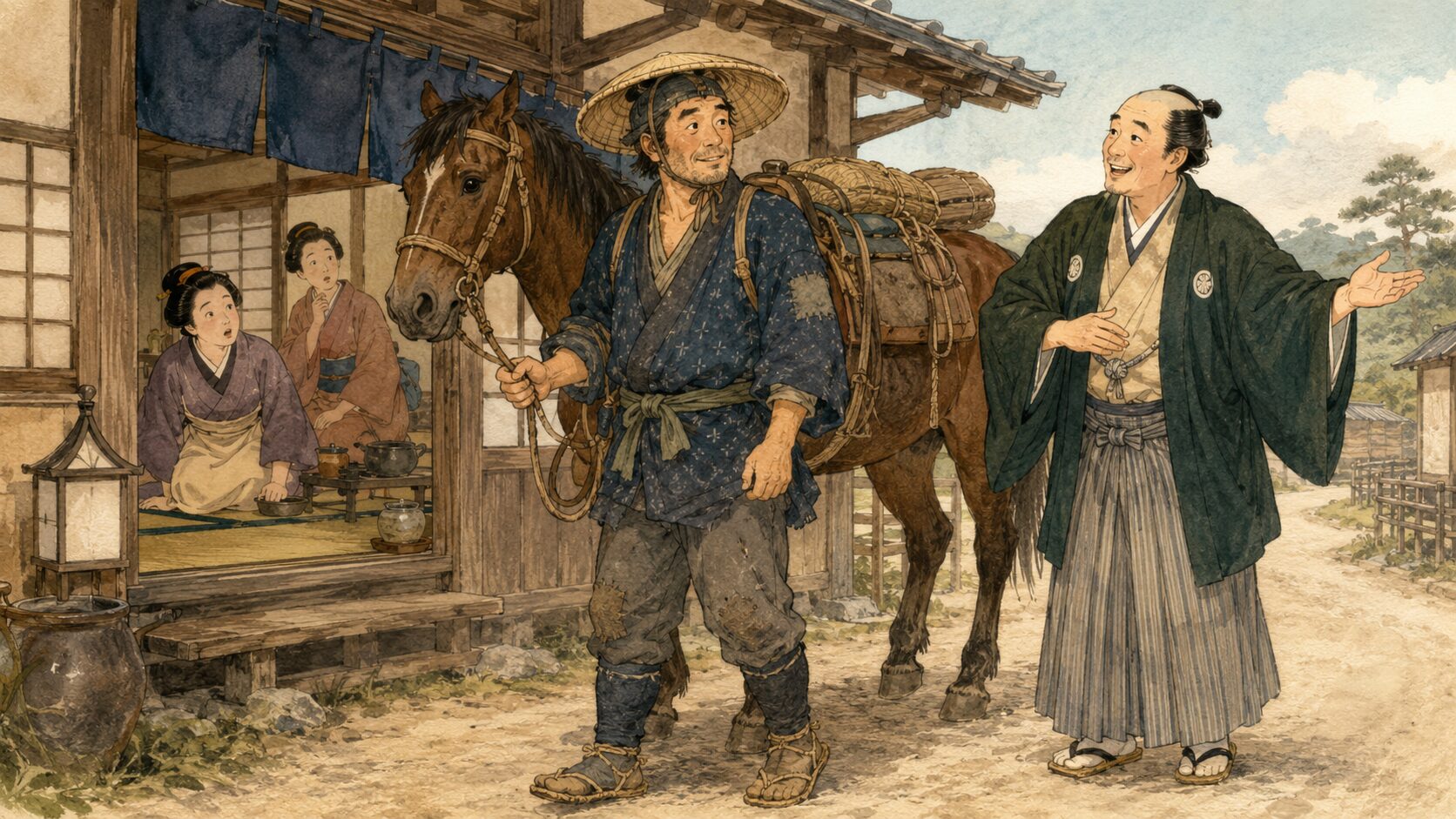 落語『馬子茶屋』のあらすじ前半、旦那が馬子を茶屋へ連れてくる場面を描いた和風イラスト