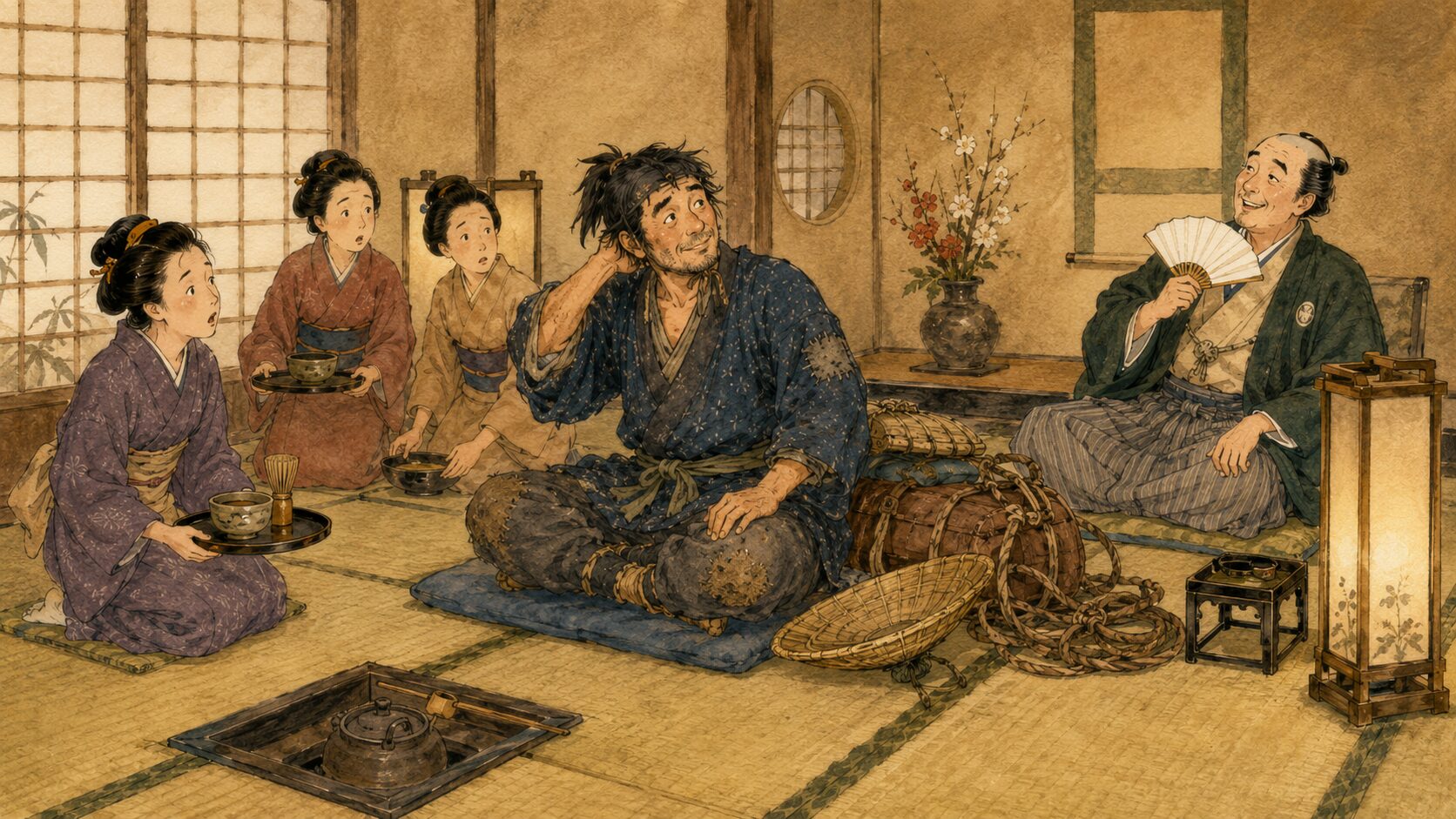 茶屋の座敷で馬子の振る舞いに困る茶屋の人々と、得意げな旦那を描いた落語『馬子茶屋』の和風イラスト