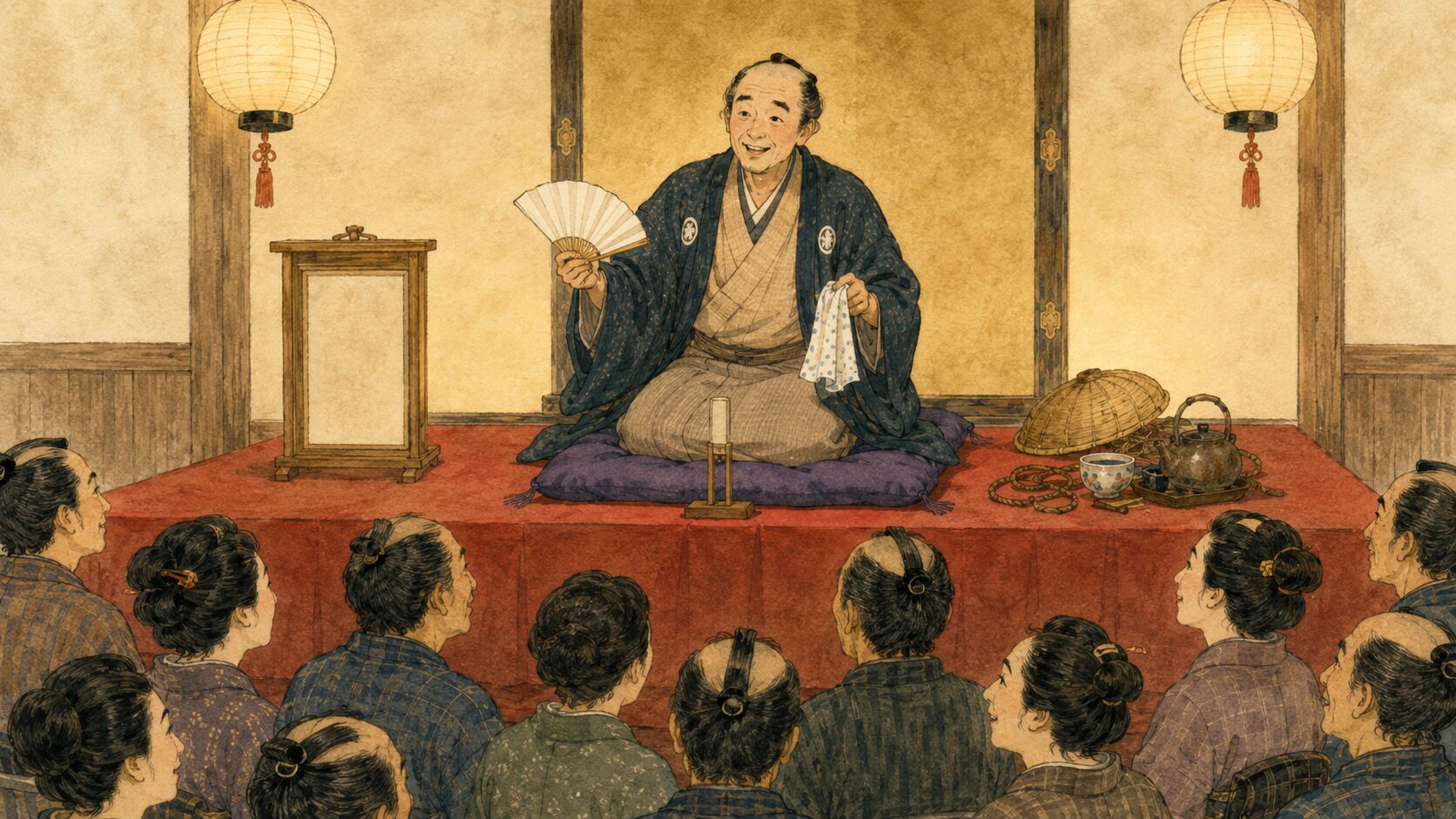 寄席の高座で落語『馬子茶屋』を語る落語家風の語り手と客席の余韻を描いた和風イラスト