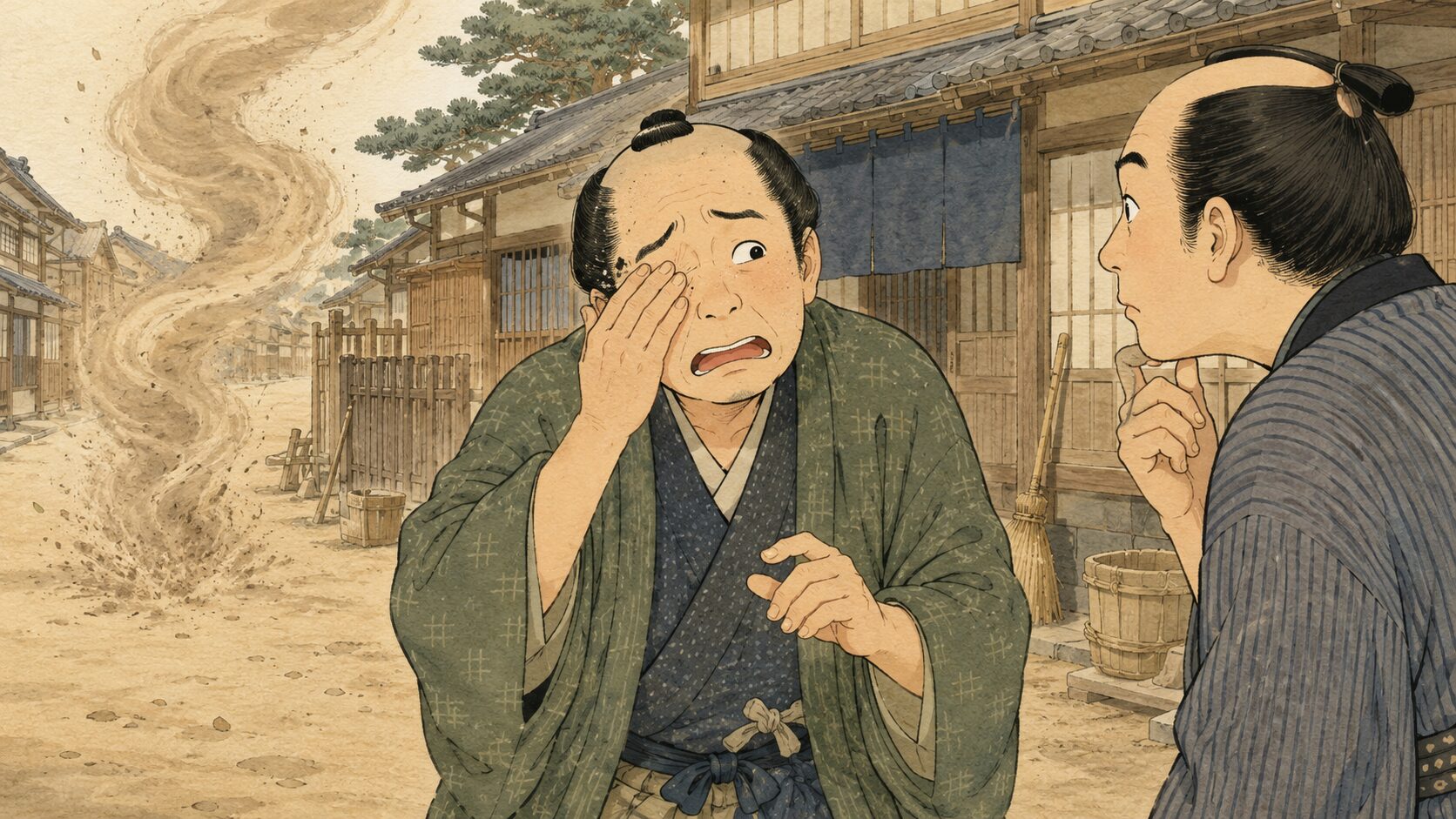 落語『魔風』のあらすじ前半、つむじ風でほこりが目に入った与太郎が町角で話す場面の和風イラスト