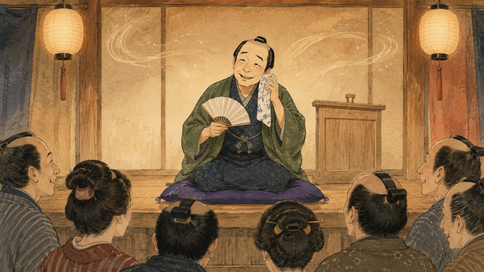 落語『魔風』の見どころを表す、物知り顔の相手の説明に与太郎が戸惑う場面の和風イラスト