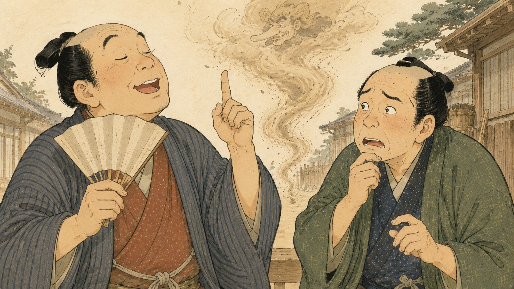 寄席の高座で落語『魔風』を語る落語家風の語り手と客席の余韻を描いた和風イラスト