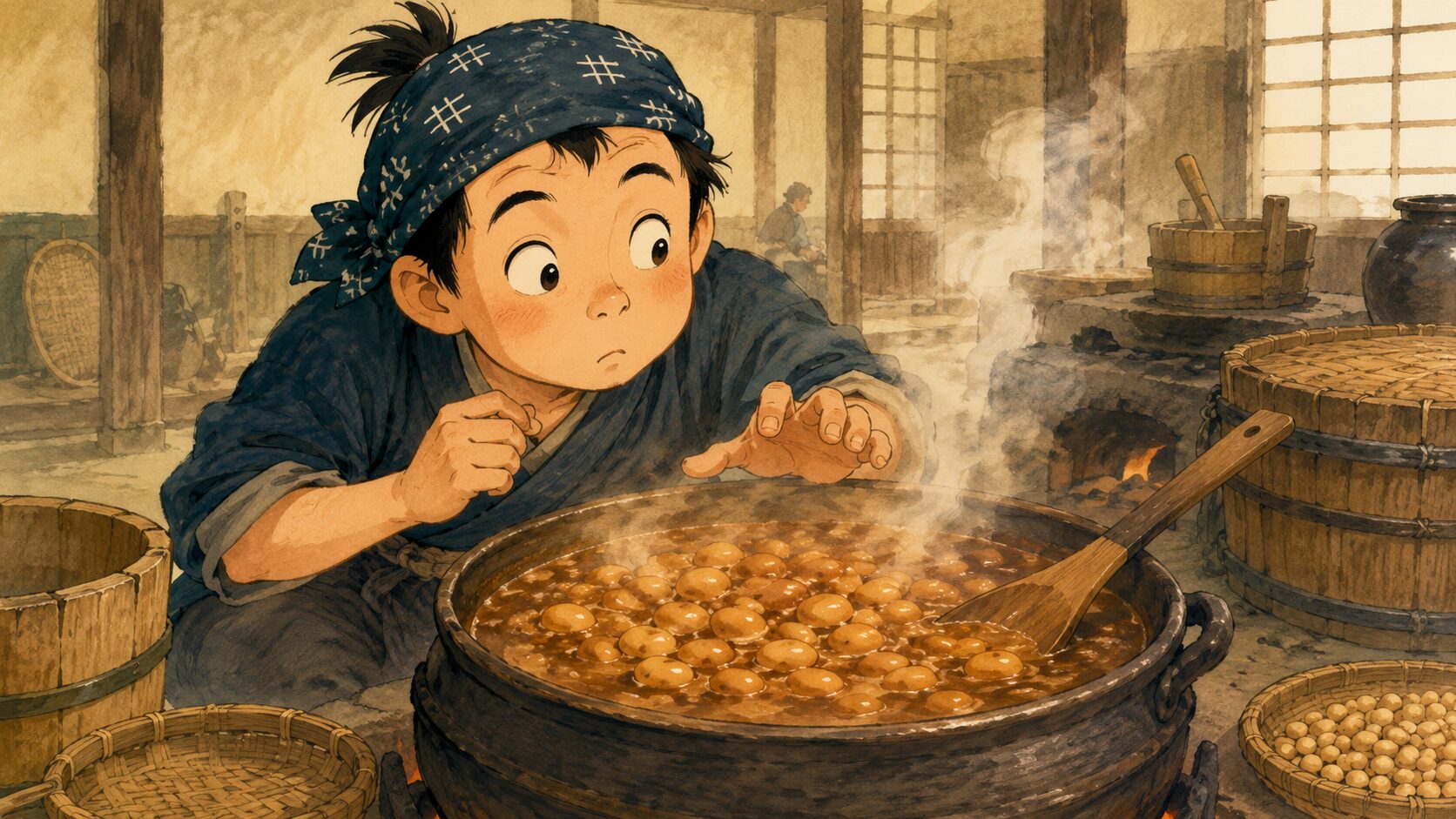 落語『味噌豆』のあらすじ前半、丁稚の定吉が湯気の立つ味噌豆に手を伸ばす台所の和風イラスト