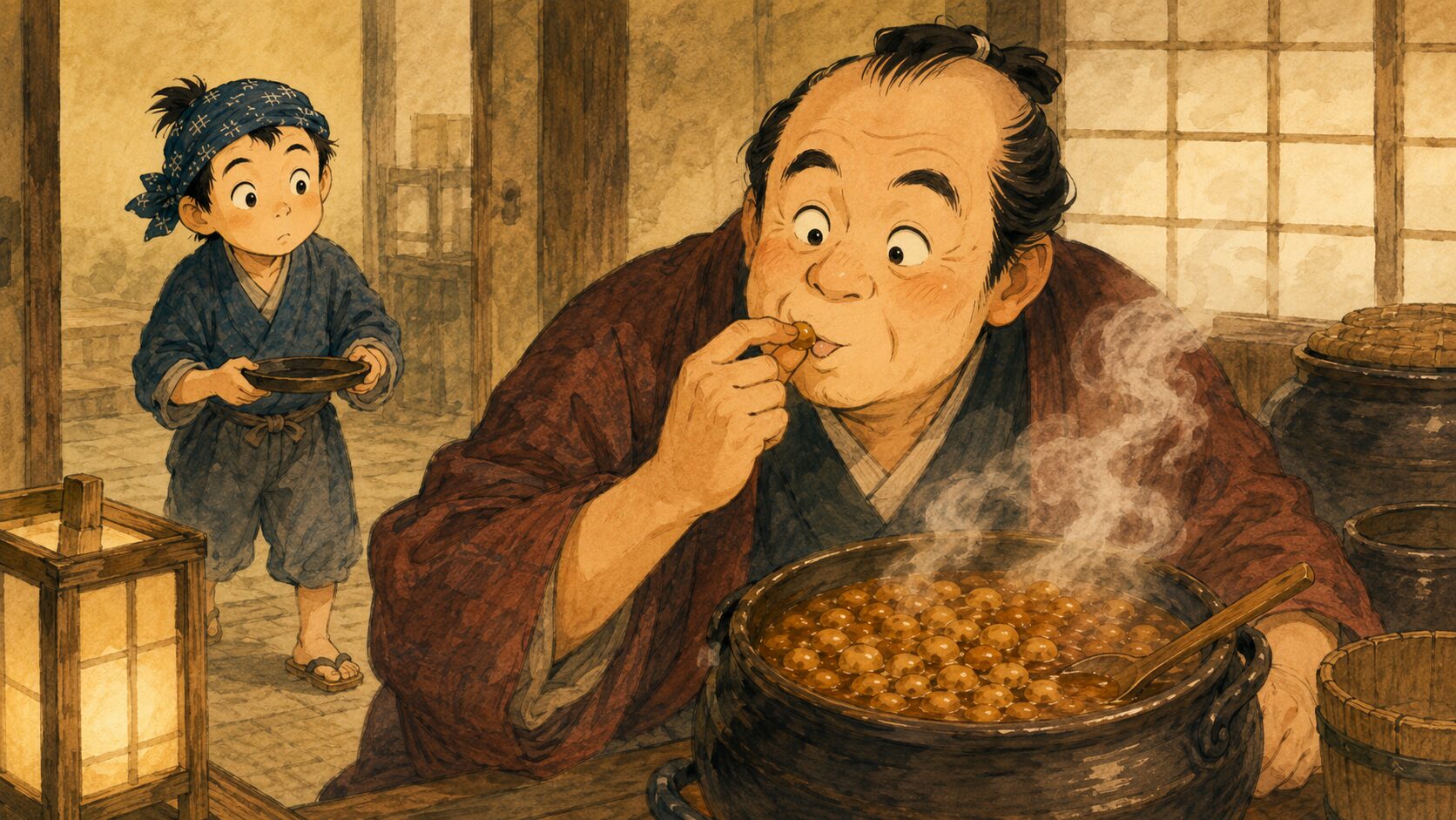 落語『味噌豆』のサゲを思わせる、味噌豆をつまむ旦那と盆を持つ定吉の立場逆転を描いた和風イラスト