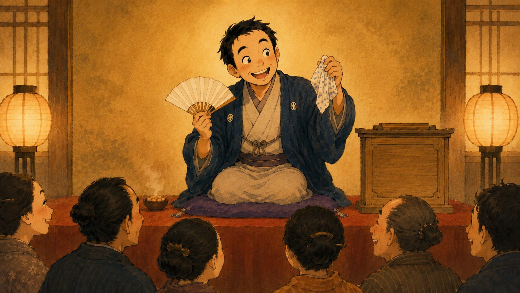寄席の高座で落語『味噌豆』を語る落語家風の語り手と、穏やかに笑う客席を描いた和風イラスト
