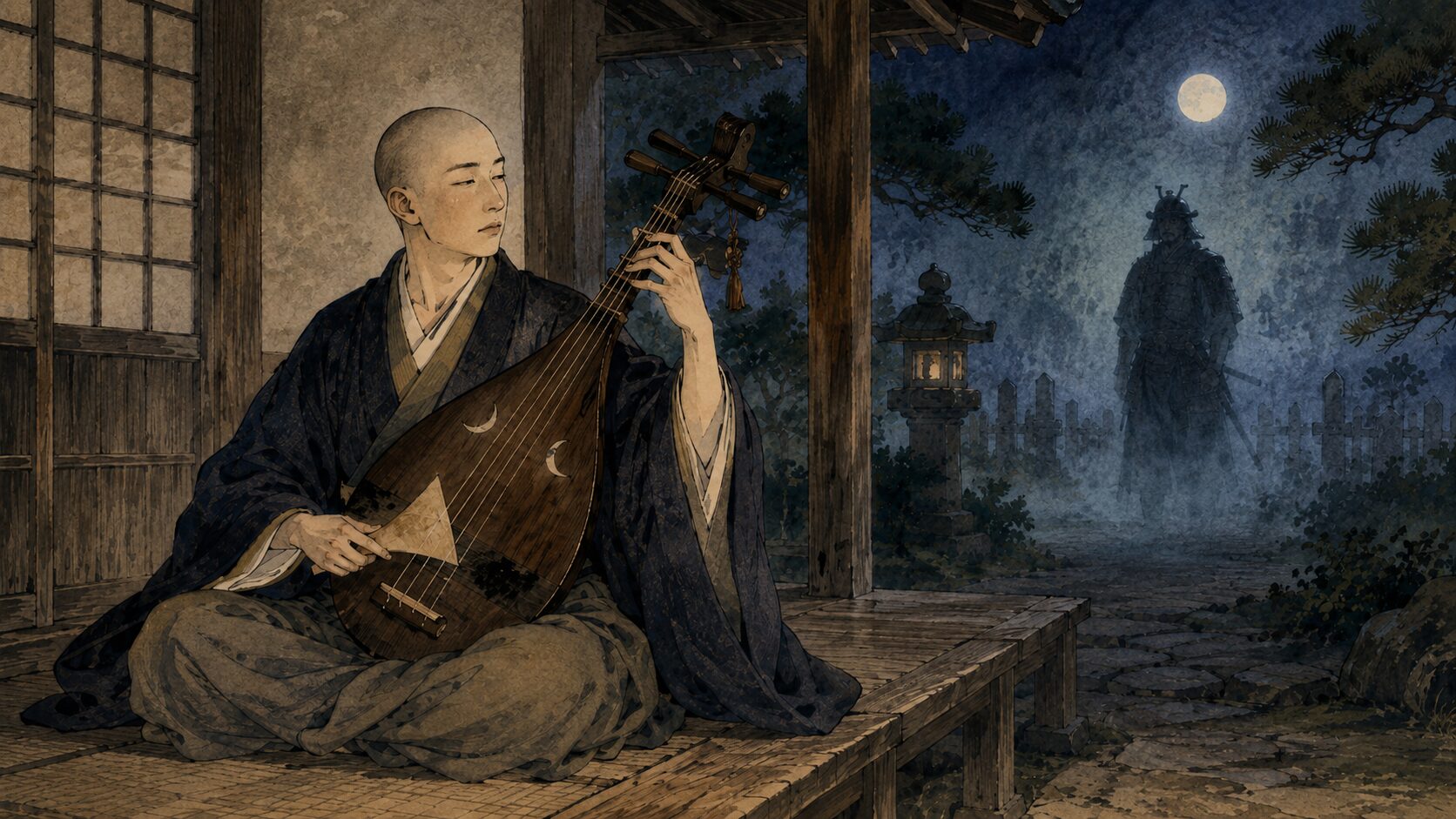 『耳なし芳一』のあらすじ前半、夜の寺で琵琶を抱える芳一が武士の使いに呼び出される場面の和風イラスト