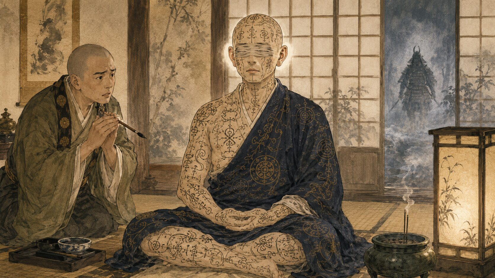 『耳なし芳一』の結末を象徴する、経文の守りを受けた芳一と耳だけの書き忘れを静かに描いた和風イラスト