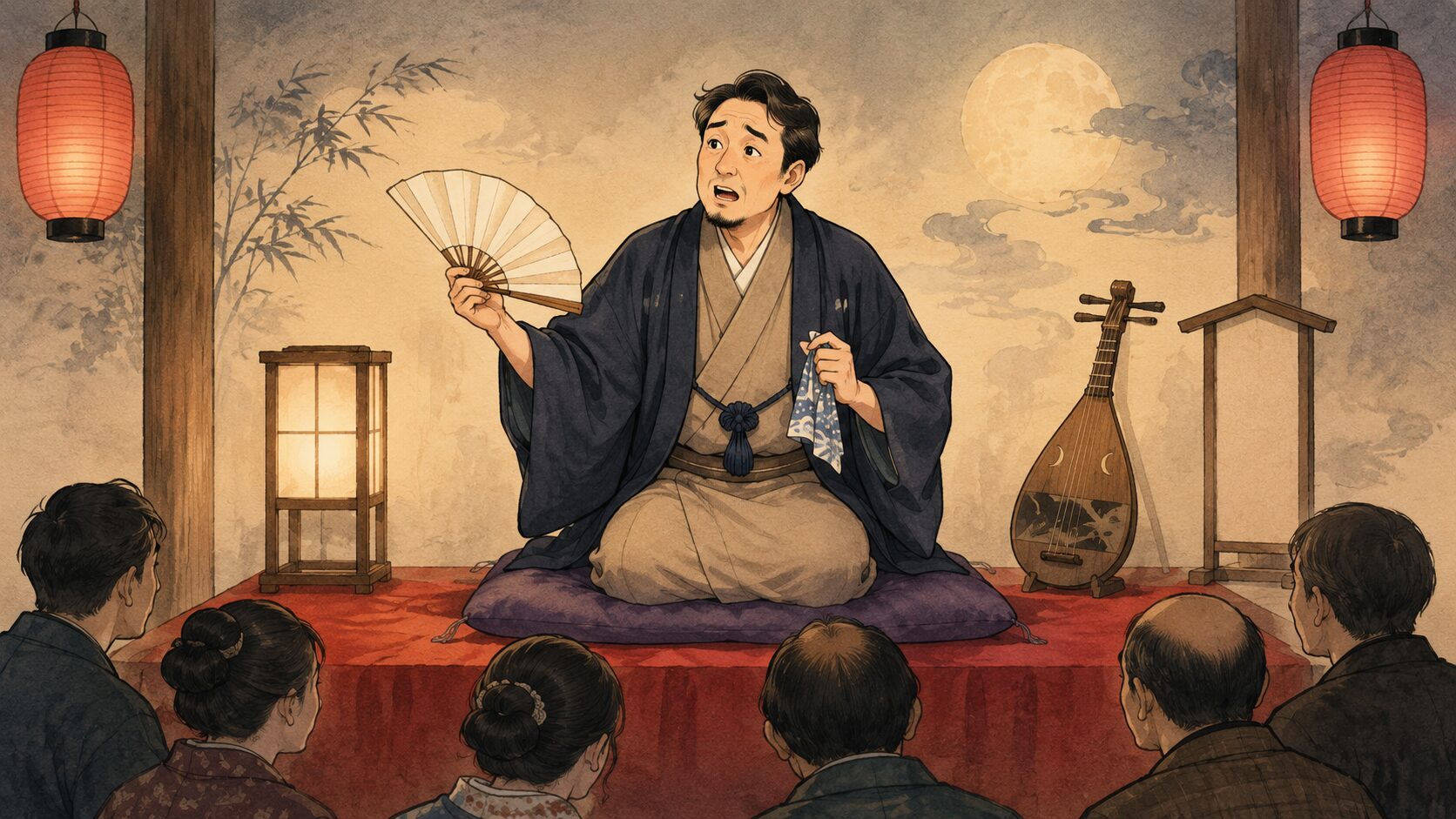 寄席の高座で『耳なし芳一』を語る落語家風の語り手と、静かに聞き入る客席を描いた和風イラスト