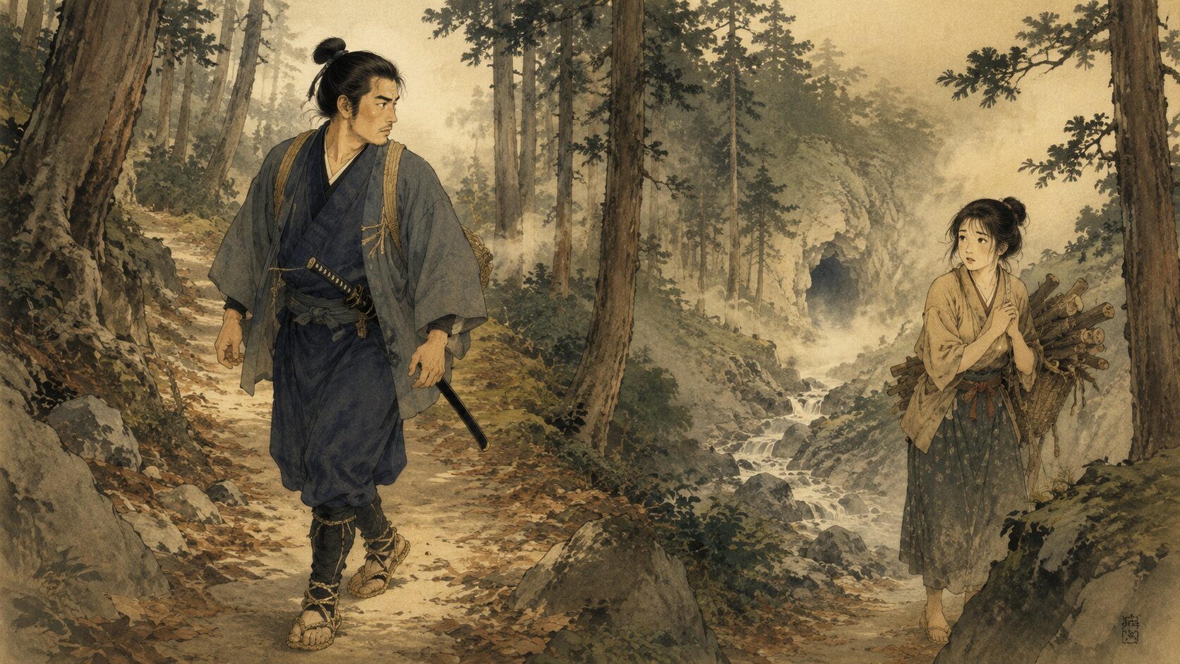 落語『深山隠れ』のあらすじ前半、山賊退治へ向かう源吾が深山で怪しい若い女に出会う和風イラスト