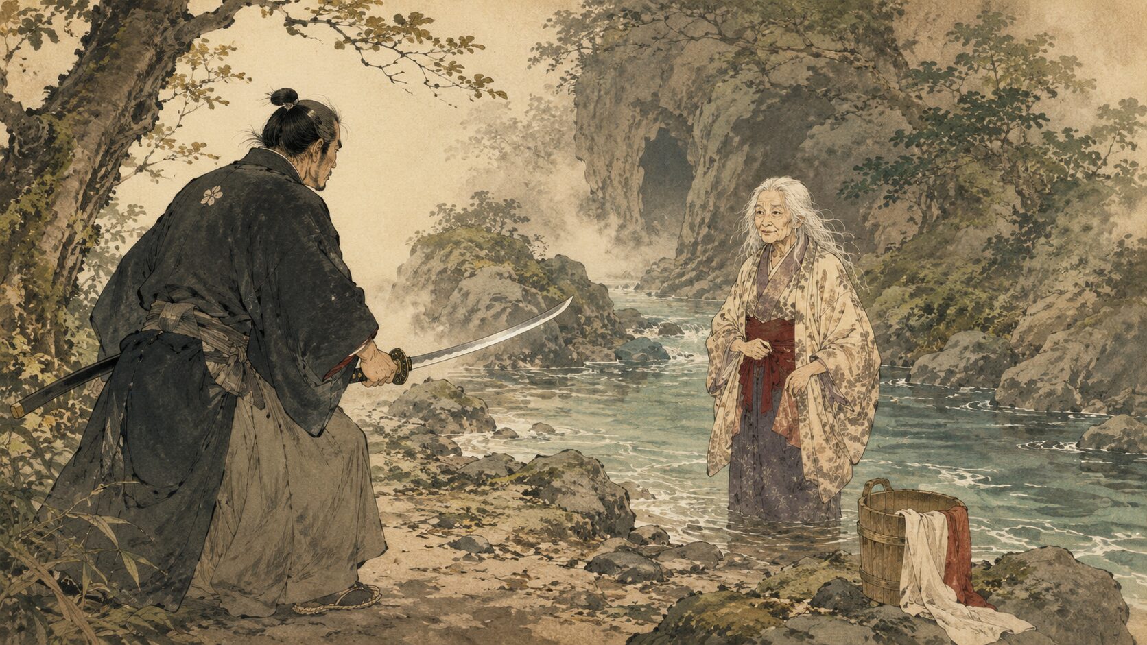 落語『深山隠れ』のサゲを思わせる、川辺で源吾に追い詰められる白髪の老婆を描いた和風イラスト