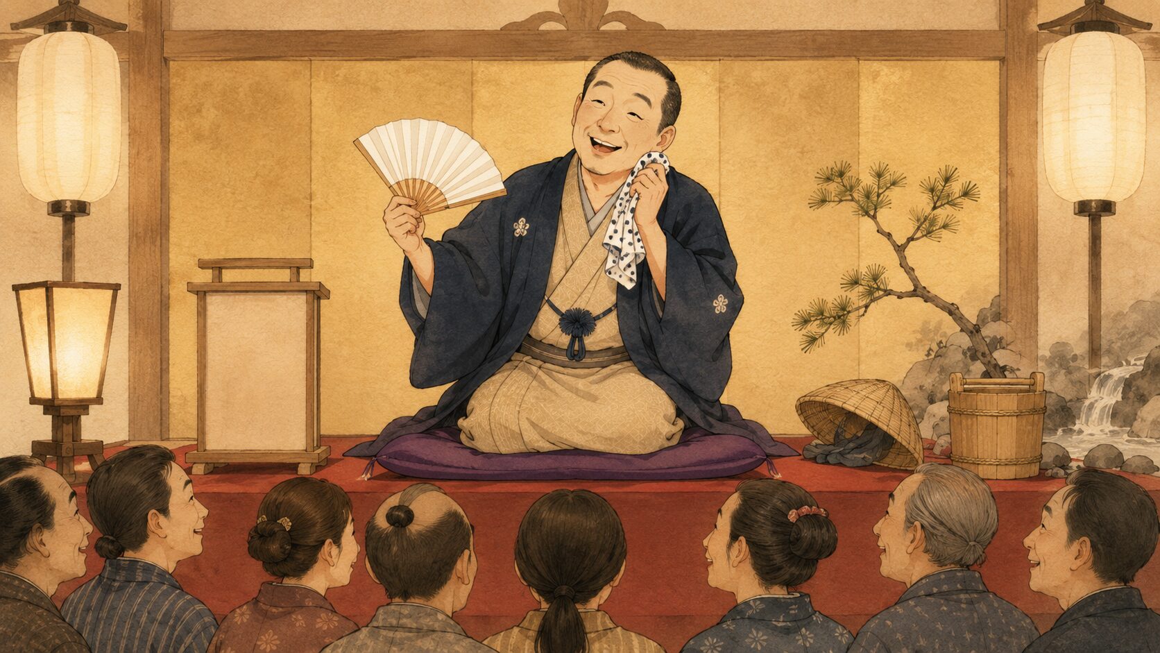 寄席の高座で落語『深山隠れ』を語る落語家風の語り手と、活劇の余韻に笑う客席を描いた和風イラスト