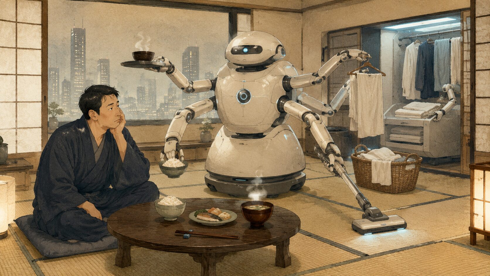 落語『夫婦廓』のあらすじ前半、家事が機械化された近未来の家庭と失われた夫婦らしさを描いた和風イラスト