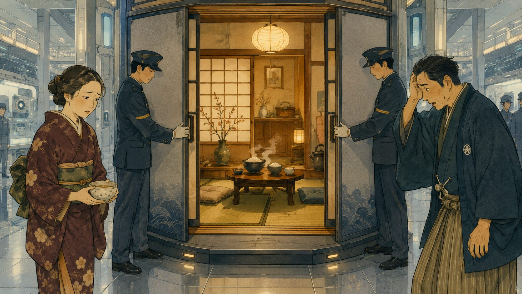 落語『夫婦廓』の結末を象徴する、夫婦らしさを売る未来の商売が制度で規制される場面の和風イラスト