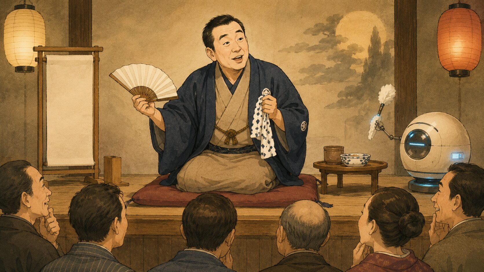 寄席の高座で落語『夫婦廓』を語る落語家風の語り手と、SF風刺落語の余韻を味わう客席を描いた和風イラスト