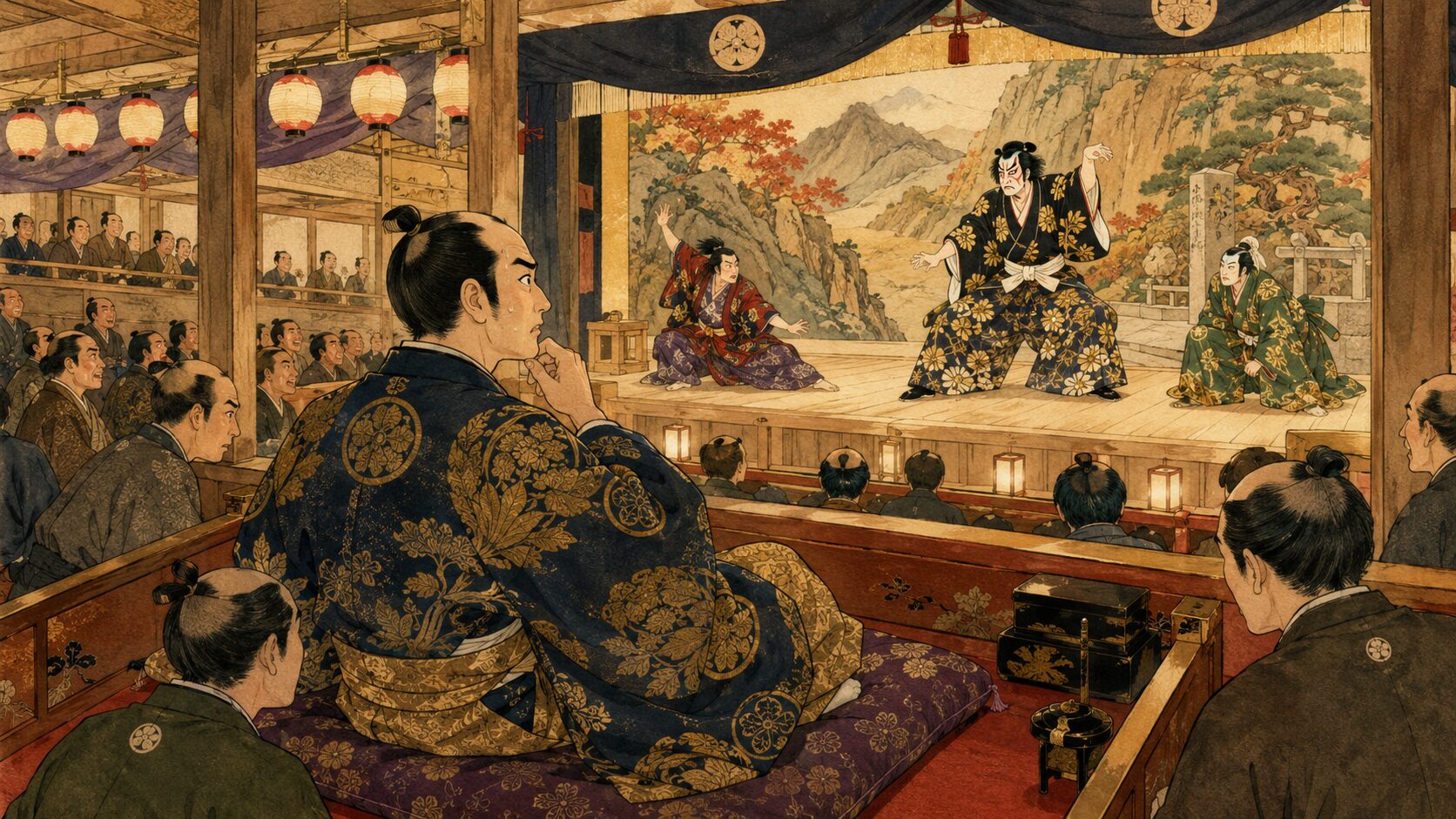 落語『毛氈芝居』あらすじ3分解説のアイキャッチ画像、芝居を本物だと思い込む御領主様と芝居小屋の騒動を描いた和風イラスト