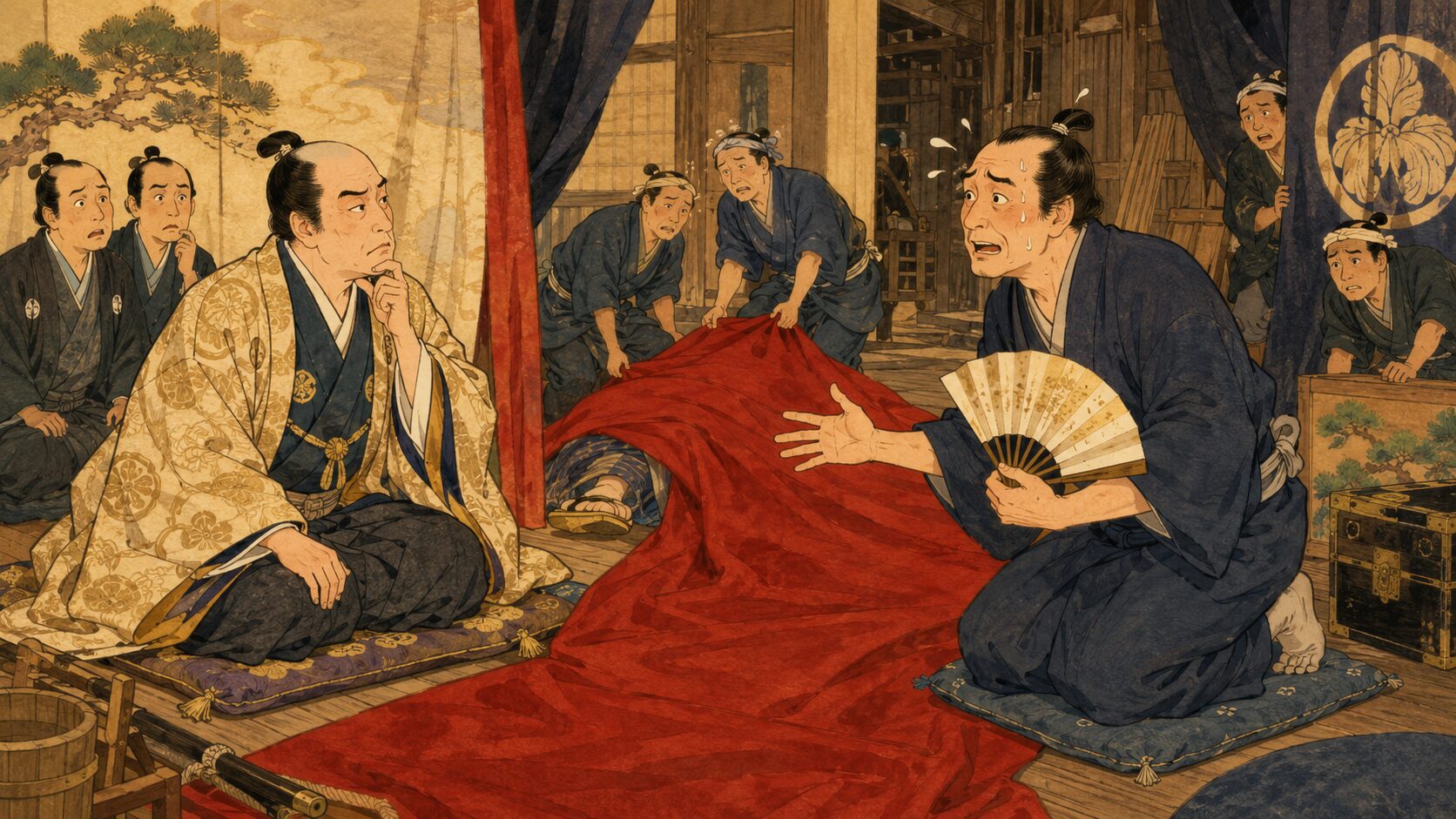 落語『毛氈芝居』のサゲを表す、毛氈を前に頭取の説明を真に受ける御領主様を描いた和風イラスト