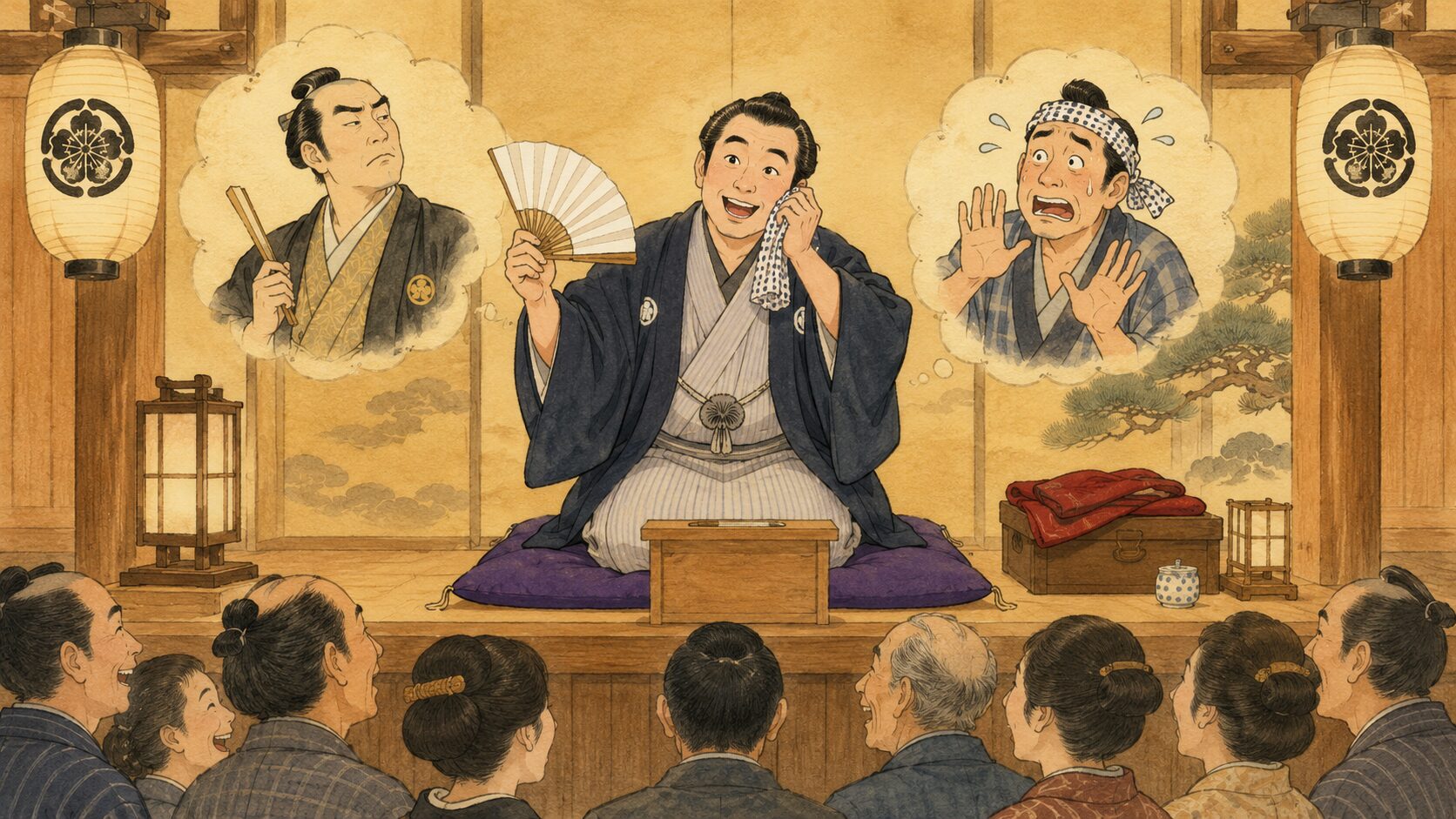 寄席の高座で落語『毛氈芝居』を語る落語家風の語り手と、芝居噺の余韻に笑う客席を描いた和風イラスト