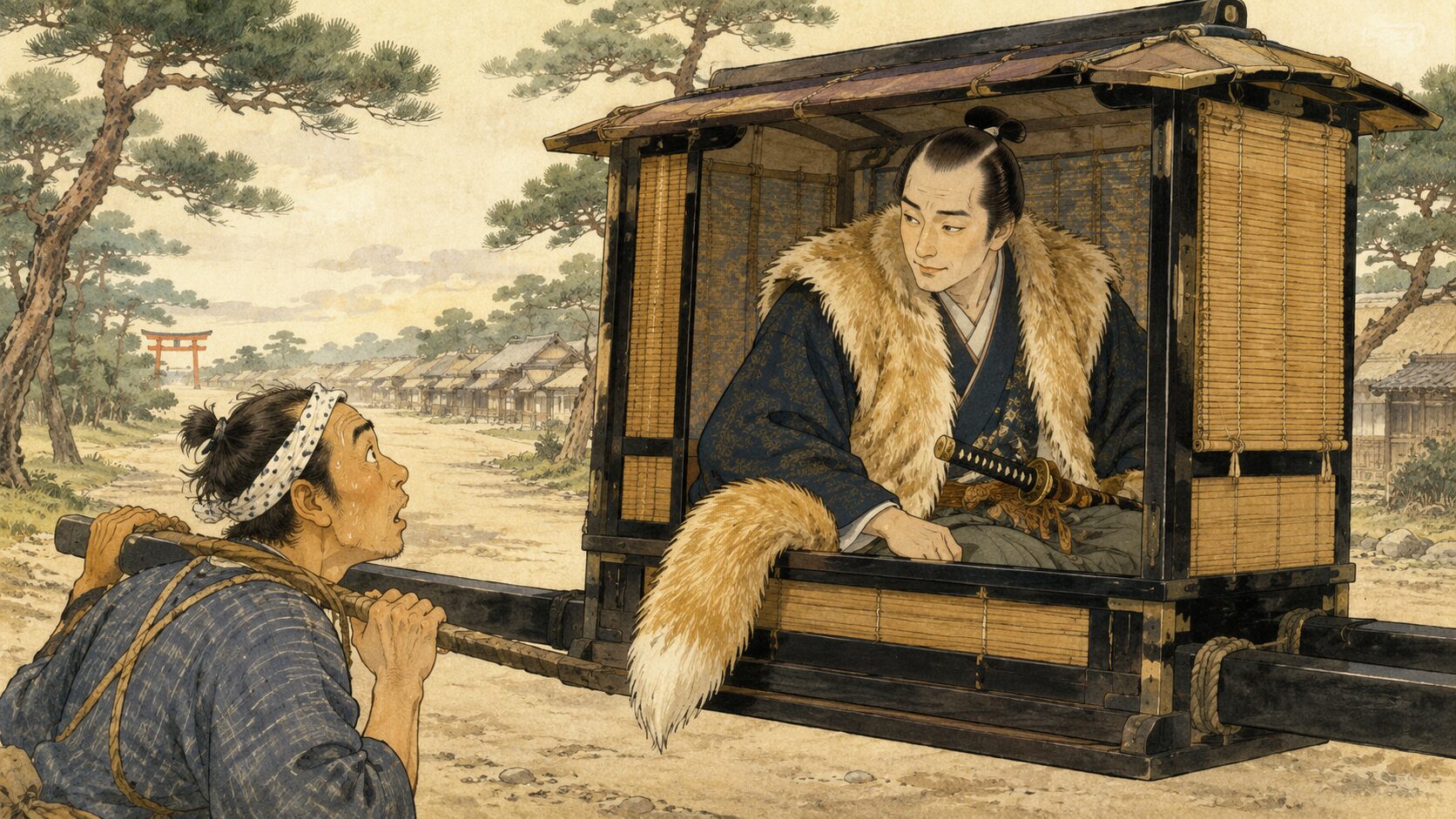 落語『紋三郎稲荷』のあらすじ前半、狐皮の尻尾を見た駕籠屋が侍をお狐様と勘違いする和風イラスト