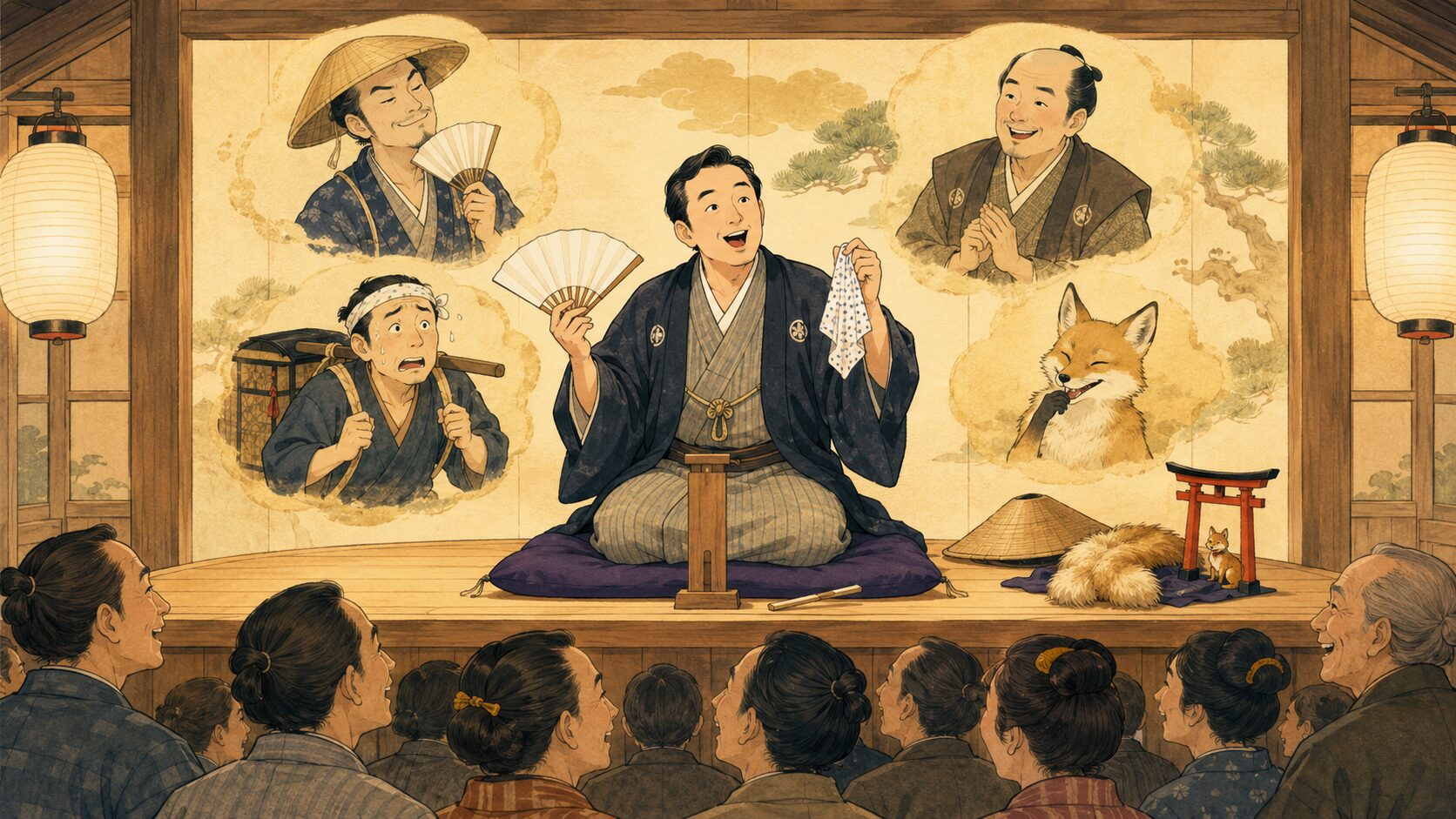 寄席の高座で落語『紋三郎稲荷』を語る落語家風の語り手と、狐噺の余韻に笑う客席を描いた和風イラスト