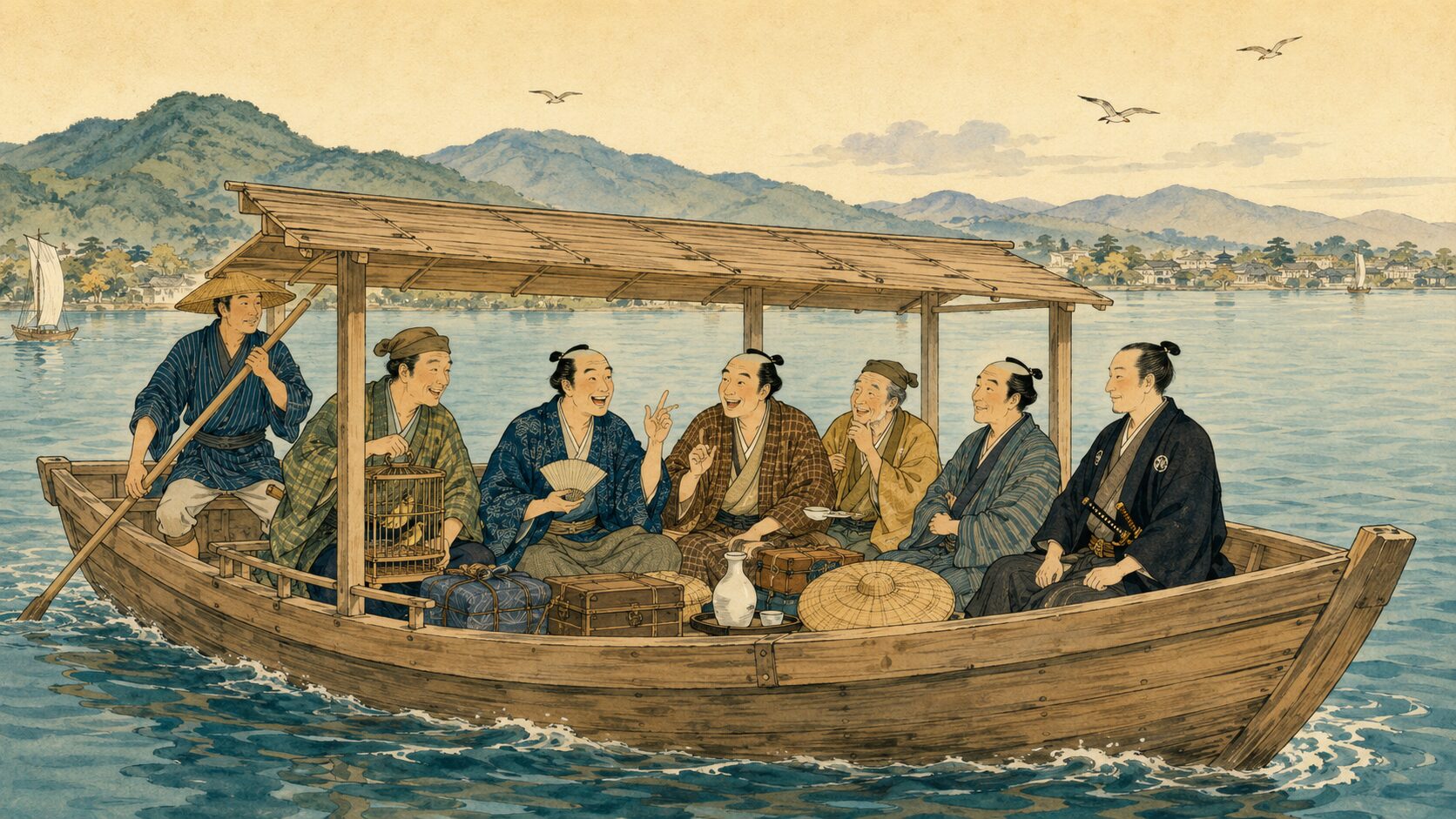 落語『矢橋舟』のあらすじ前半、琵琶湖の渡し船で喜六や清八たちが言葉遊びを始める和風イラスト