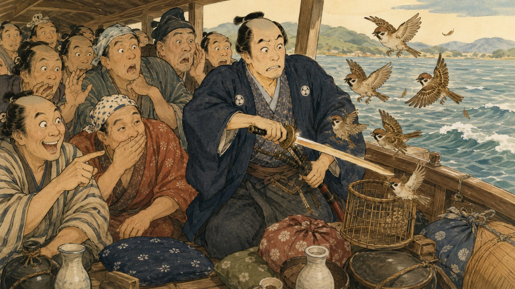 落語『矢橋舟』のサゲを表す、名刀騒ぎの刀に烏ではなく雀が集まる渡し船の和風イラスト