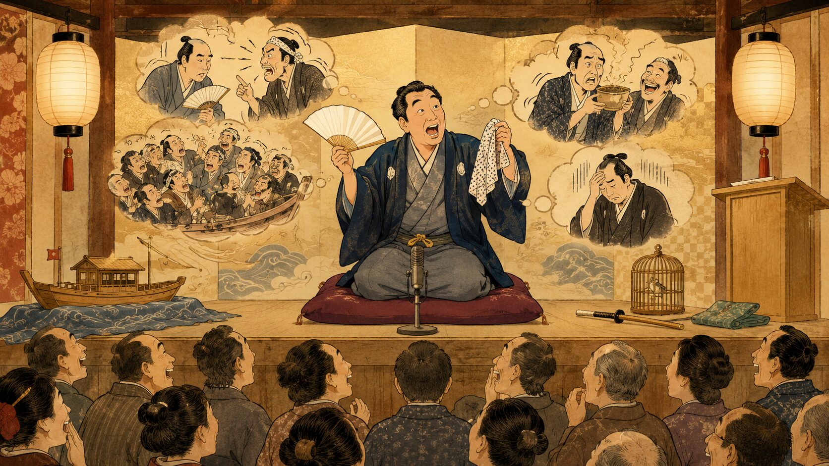 寄席の高座で落語『矢橋舟』を語る落語家風の語り手と、舟中騒動の余韻に笑う客席を描いた和風イラスト