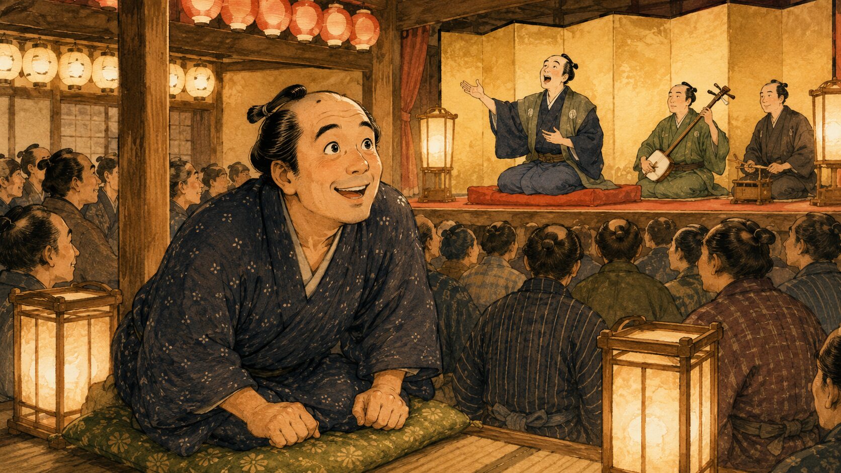 落語『夕立勘五郎』のあらすじ前半、熊さんが寄席で浪花節を楽しみに待つ場面の和風イラスト