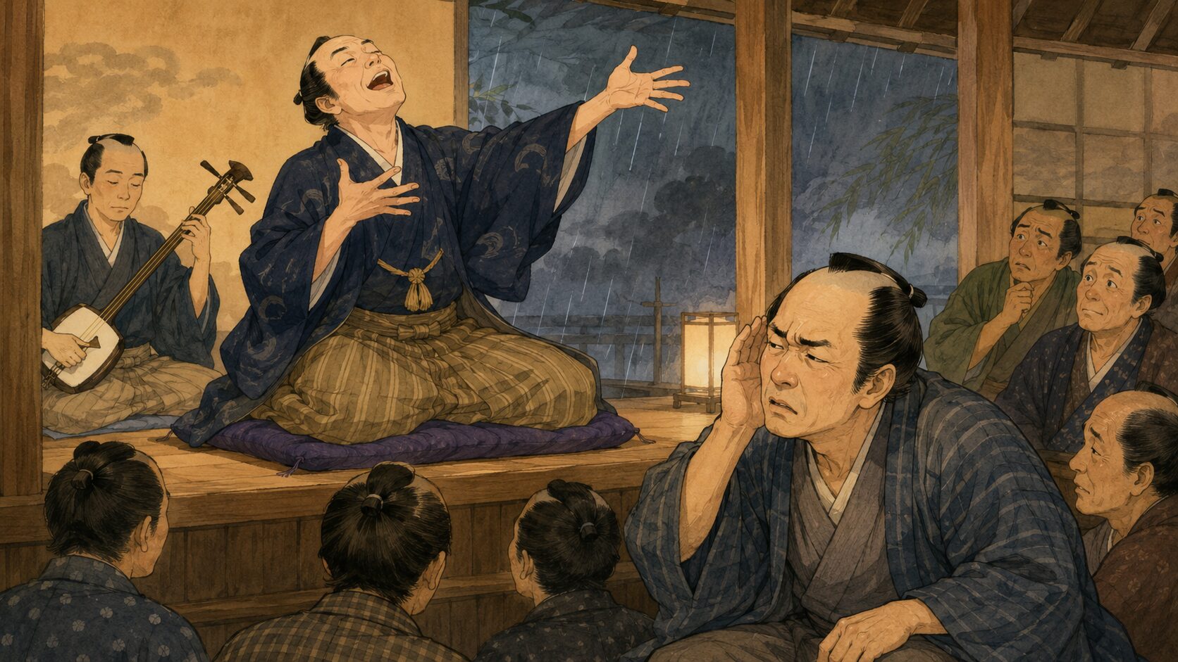 落語『夕立勘五郎』の見どころ、浪花節の珍調子に戸惑う熊さんと得意げに語る熊造を描いた和風イラスト