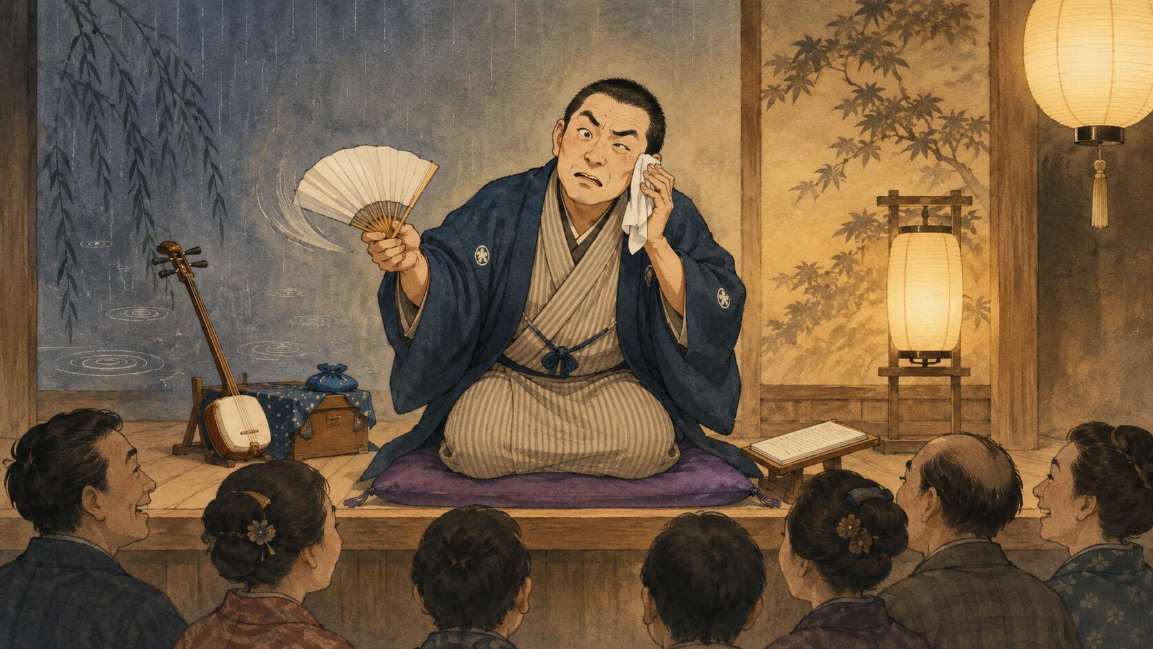 寄席の高座で落語『夕立勘五郎』を語る落語家風の語り手と、浪花節パロディの余韻に笑う客席を描いた和風イラスト
