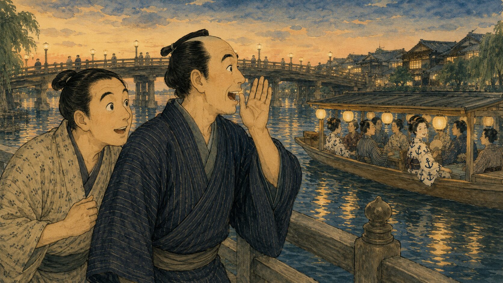落語『遊山船』のあらすじ前半、大川の夕涼み船を眺める喜六と清八を描いた和風イラスト