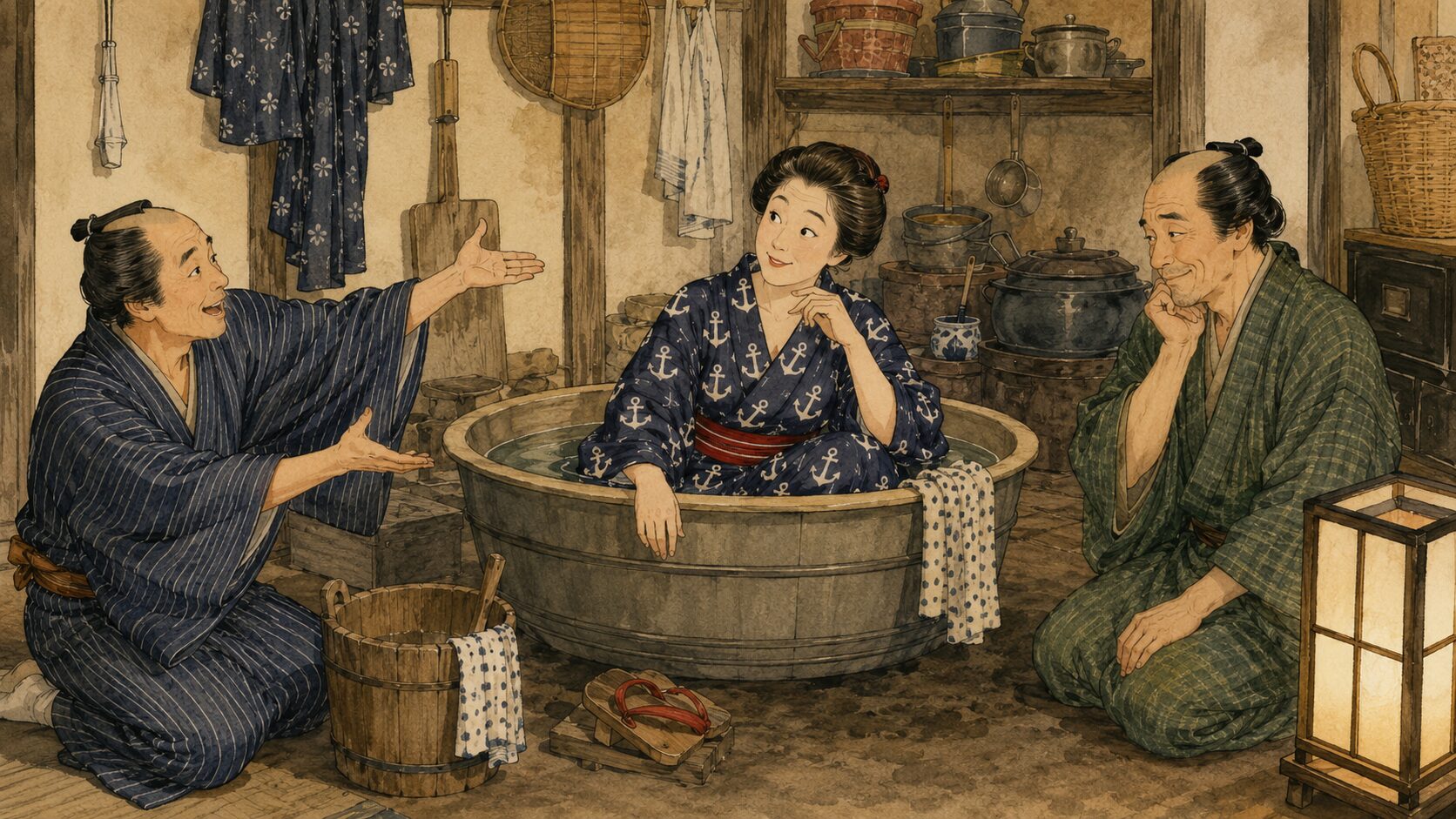 落語『遊山船』のサゲを表す、長屋でたらいを舟に見立て錨柄の浴衣を着る女房を描いた和風イラスト